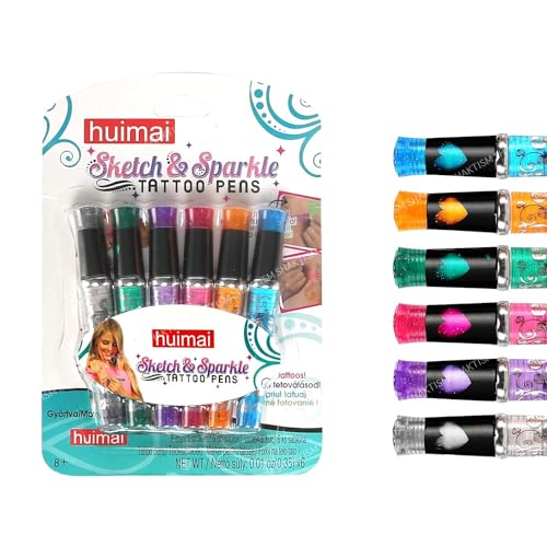 Shaktism Sketch and Sparkle Tattoo Pens Set - 6 Stencils & 60 Skin-Safe Tattoo Patterns for Kids, Boys & Girls - Perfect for Parties, Halloween Costumes & Dress-Up Fun