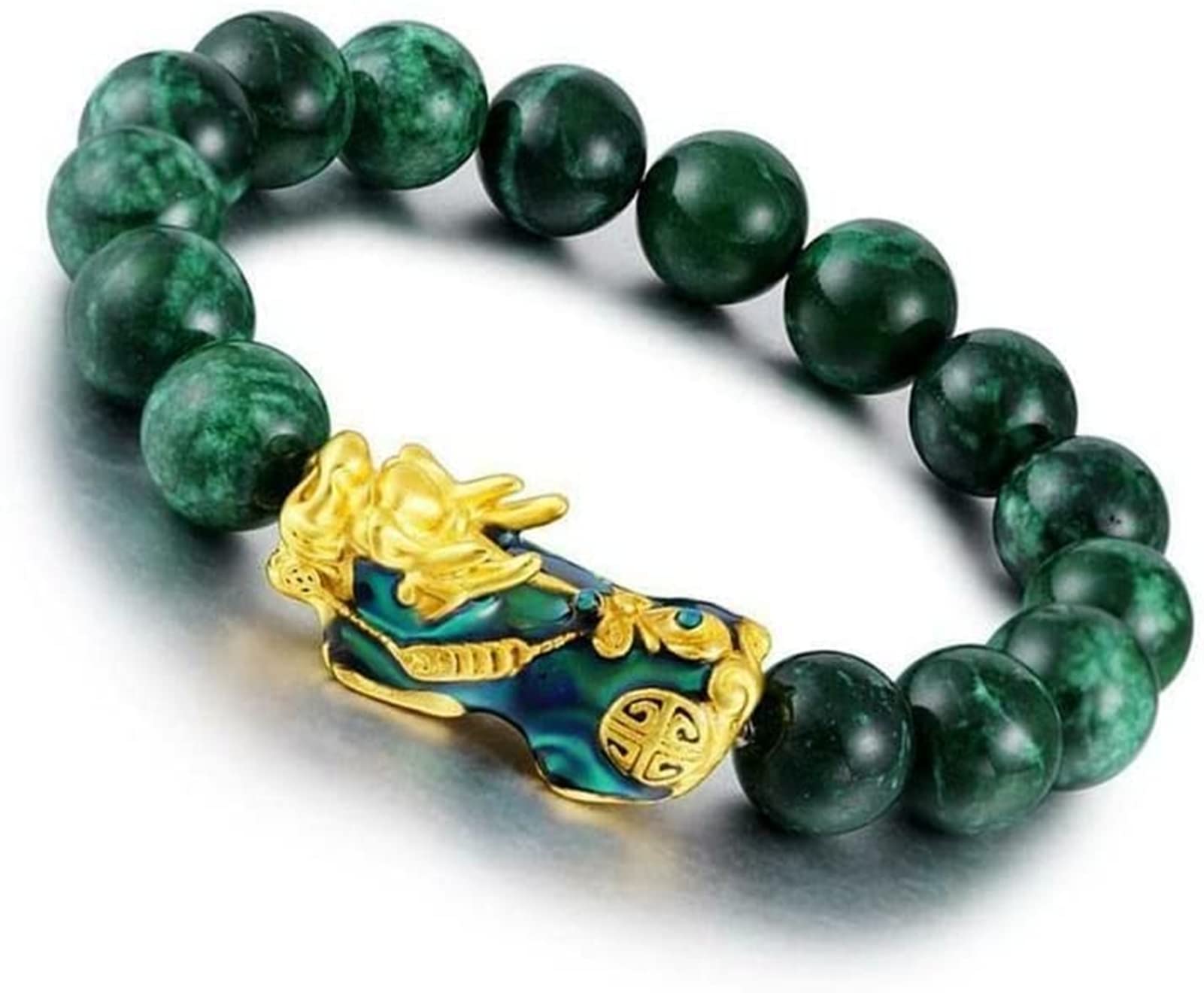 Feng Shui Bracelet for Wealth & Luck - Green Stone Beads Unisex Pixiu Bracelet with Gold Charm for Men & Women (Black/Green) - Perfect for Meditation, Gifts & Positive Energy