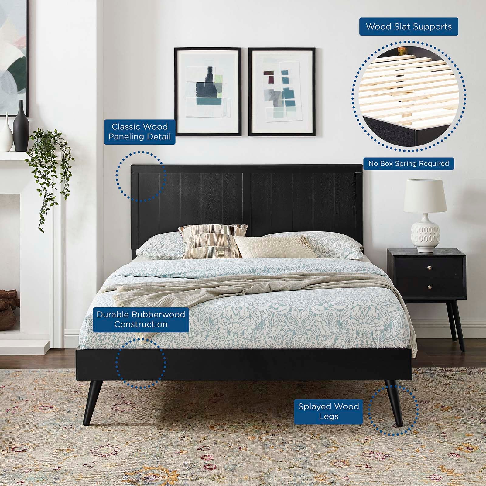 Alana Solid Wood Platform Bed Frame with Splayed Legs - Queen Size Modern Bedroom Furniture for Small Spaces & Guest Rooms