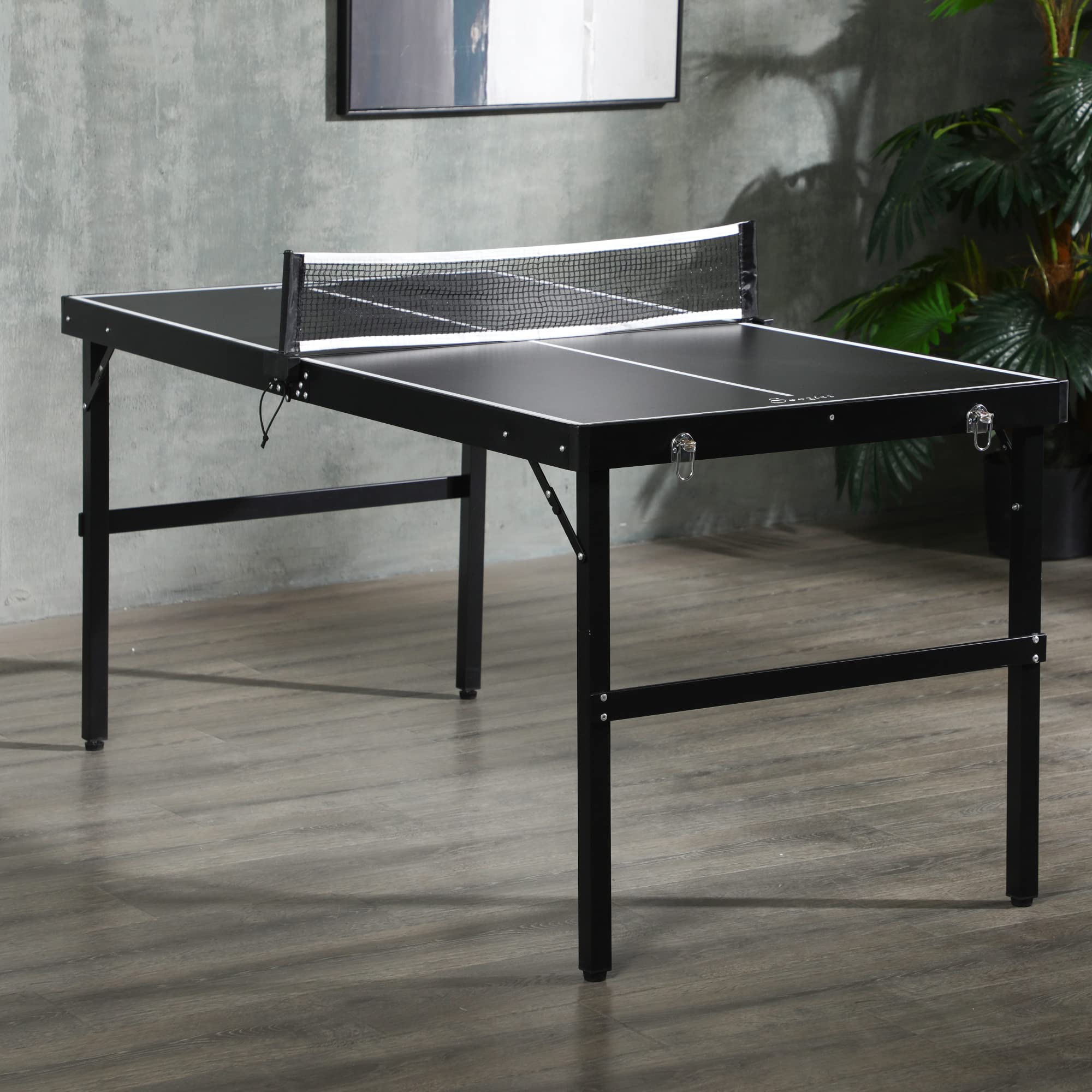 Soozier Mini Folding Table Tennis Table with Aluminum Frame - Portable Ping Pong Table with Net for Indoor & Outdoor Use - Perfect for Garden, Camping, Backyard, and Family Game Nights (Black)