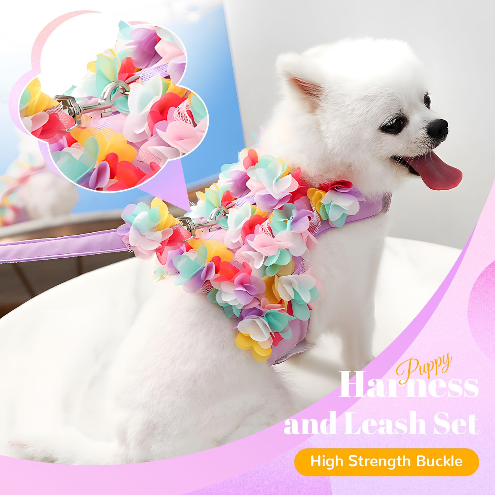 Cute Purple Lace Floral Dog Harness and Leash Set - Soft Mesh Escape Proof Vest for Small Dogs & Cats - Perfect for Walking, Training, and Outdoor Adventures
