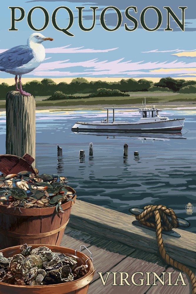 Signed 24x36 Poquoson Virginia Blue Crab & Oysters Dock Art Print - Coastal Wall Decor Poster for Beach House, Seafood Restaurant & Nautical Theme Rooms