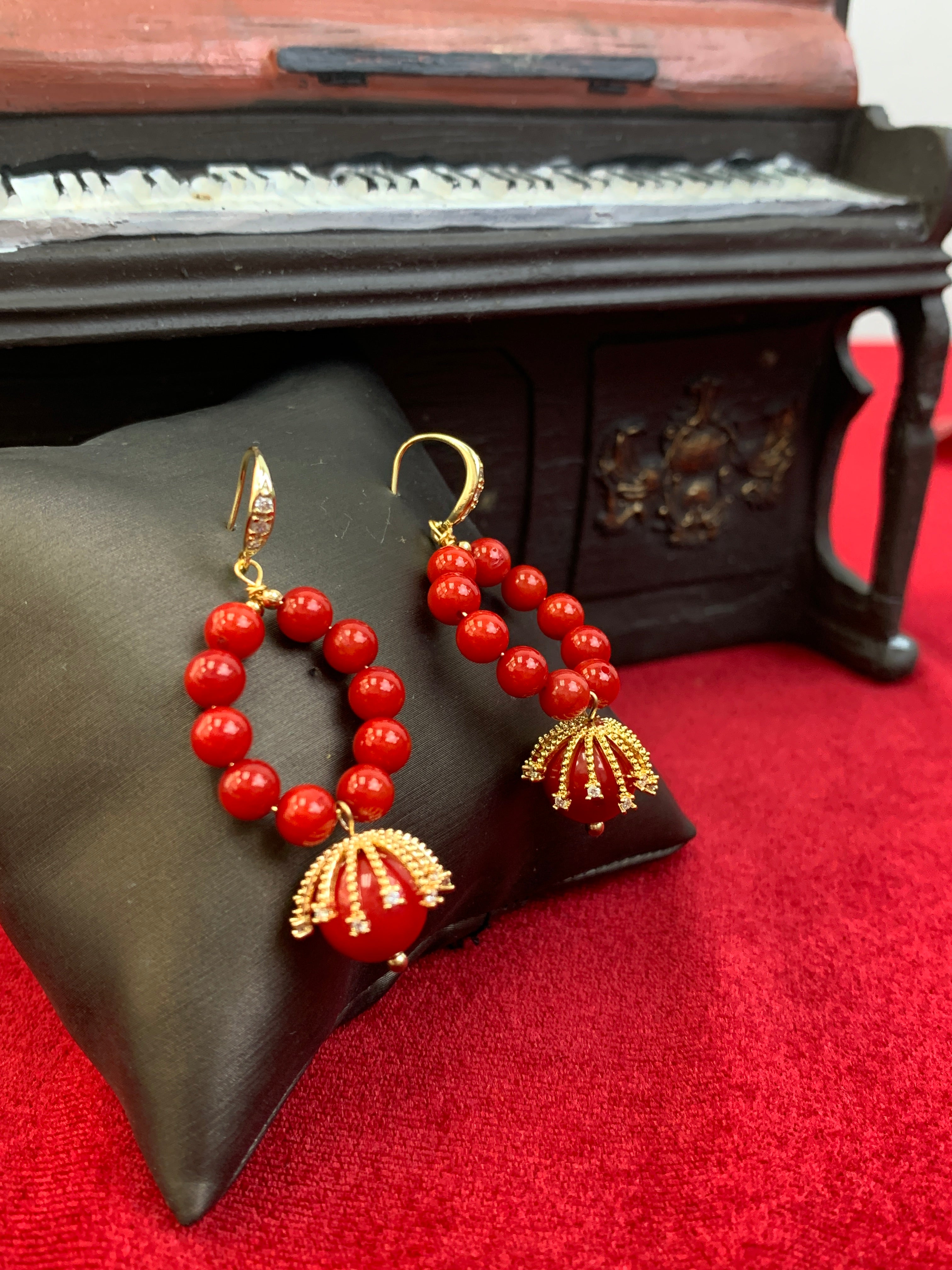 Red Coral Artistic Dangle Earrings HE019 | Handmade Bohemian Jewelry for Women | Perfect for Weddings, Parties & Special Occasions