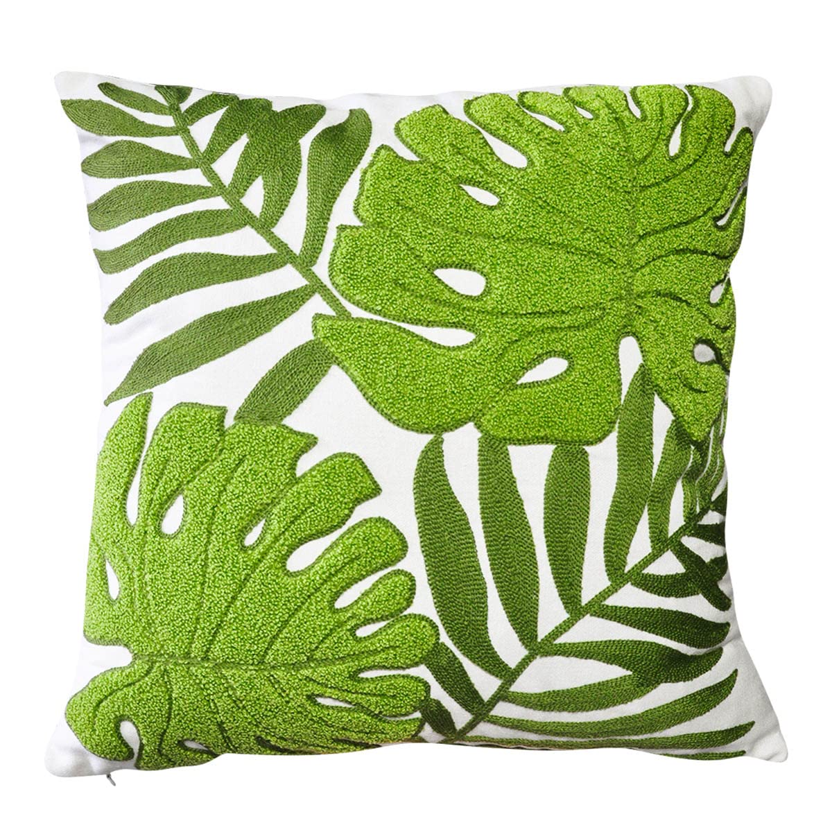 Green Leaf Embroidery Cotton Throw Pillow Covers 18x18 Inch - Decorative Cushion Cases for Sofa, Bed & Home Decor