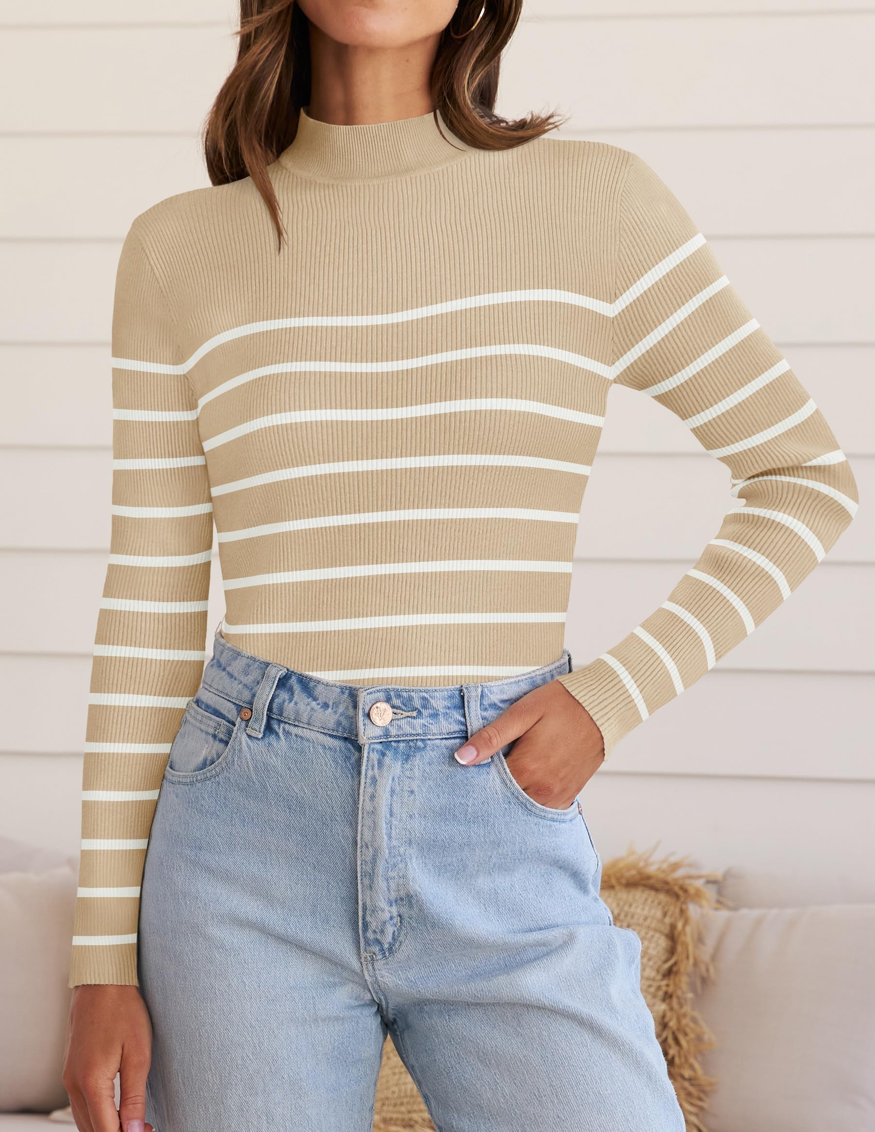 ZESICA Women's Mock Neck Sweater Long Sleeve Ribbed Knit Top - Business Casual Striped Pullover for Office, Work & Fall Outfits | Comfortable & Stylish Workwear Essential