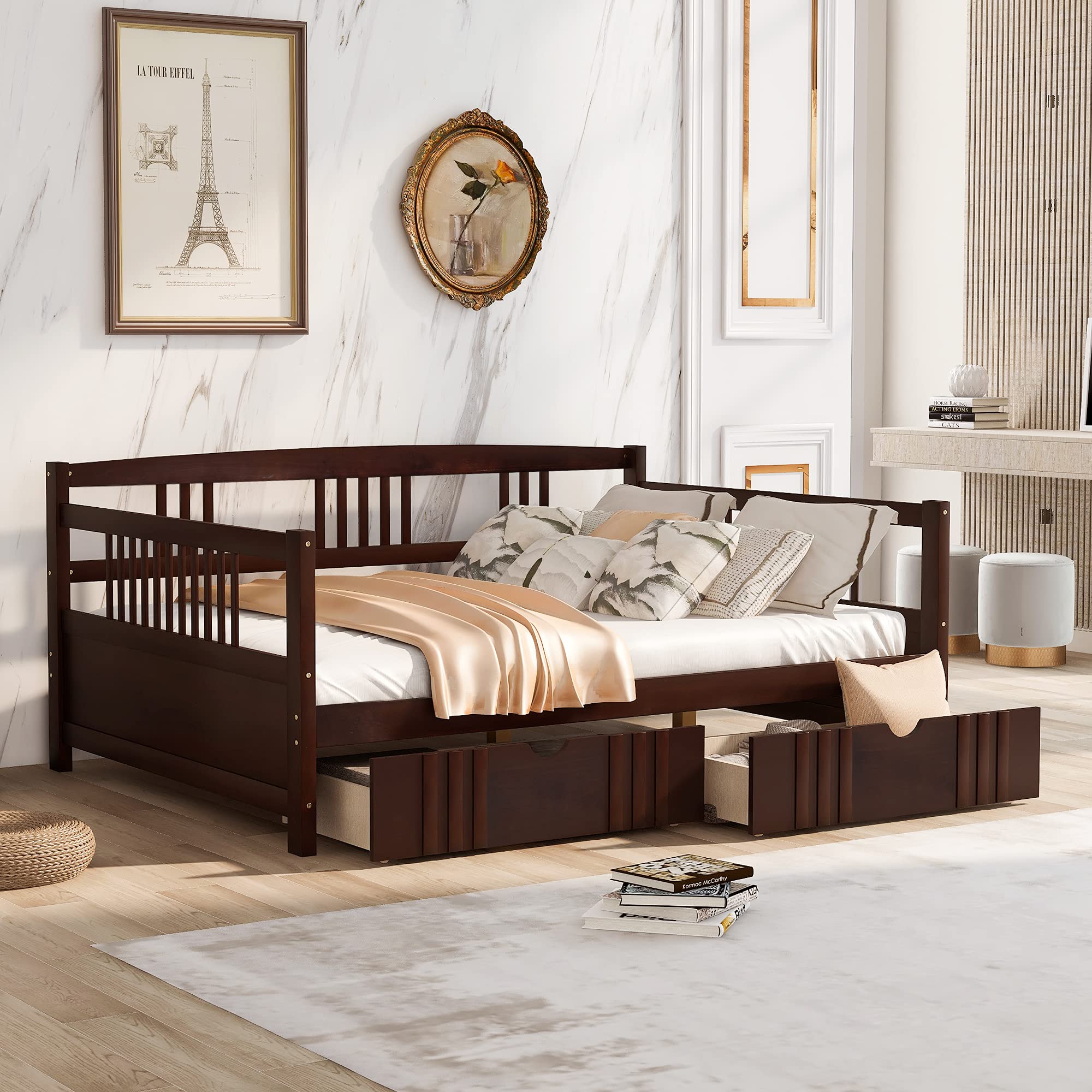 Full Size Daybed with Storage Drawers - Wooden Daybed Frame for Kids, Teens & Adults - No Box Spring Needed - Espresso Finish - Perfect for Guest Rooms, Dorms & Small Spaces