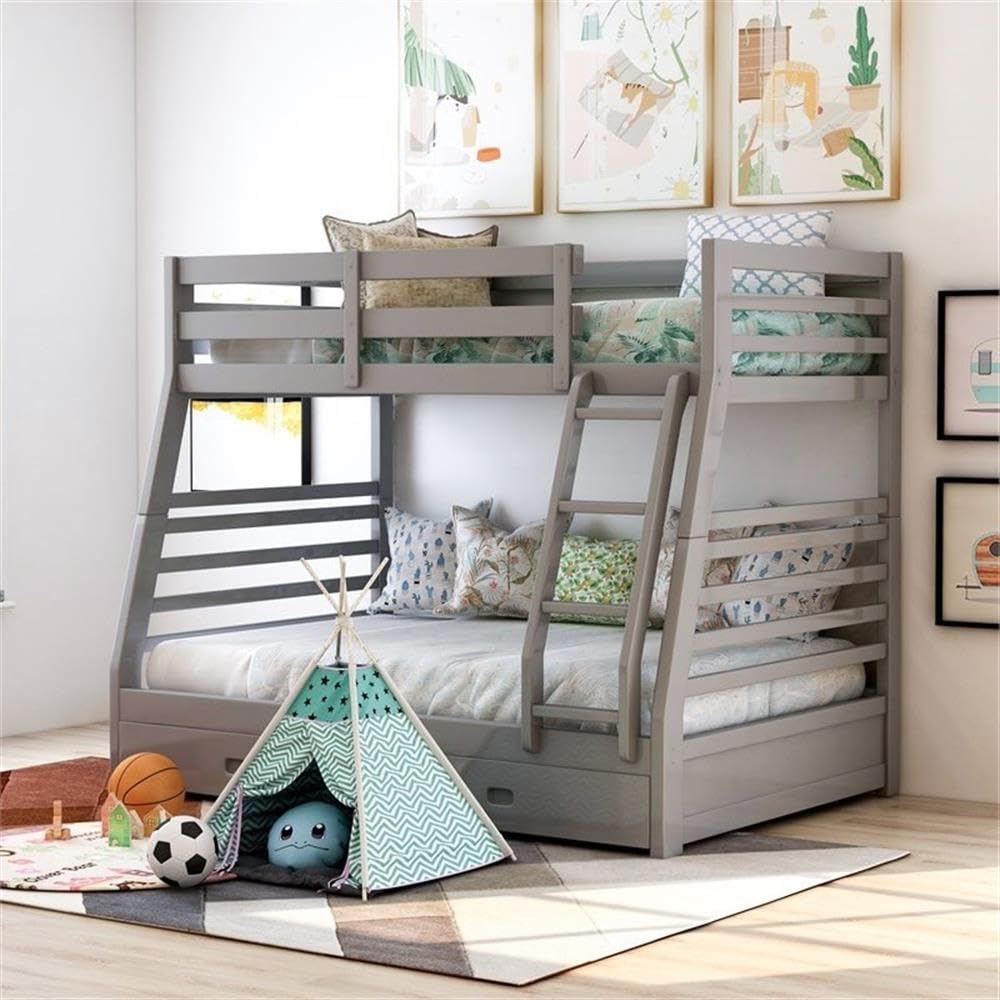 BOWERY HILL Twin Over Full Wood Bunk Bed with 2 Storage Drawers in Gray - Space-Saving Kids Bedroom Furniture for Small Rooms & Shared Spaces