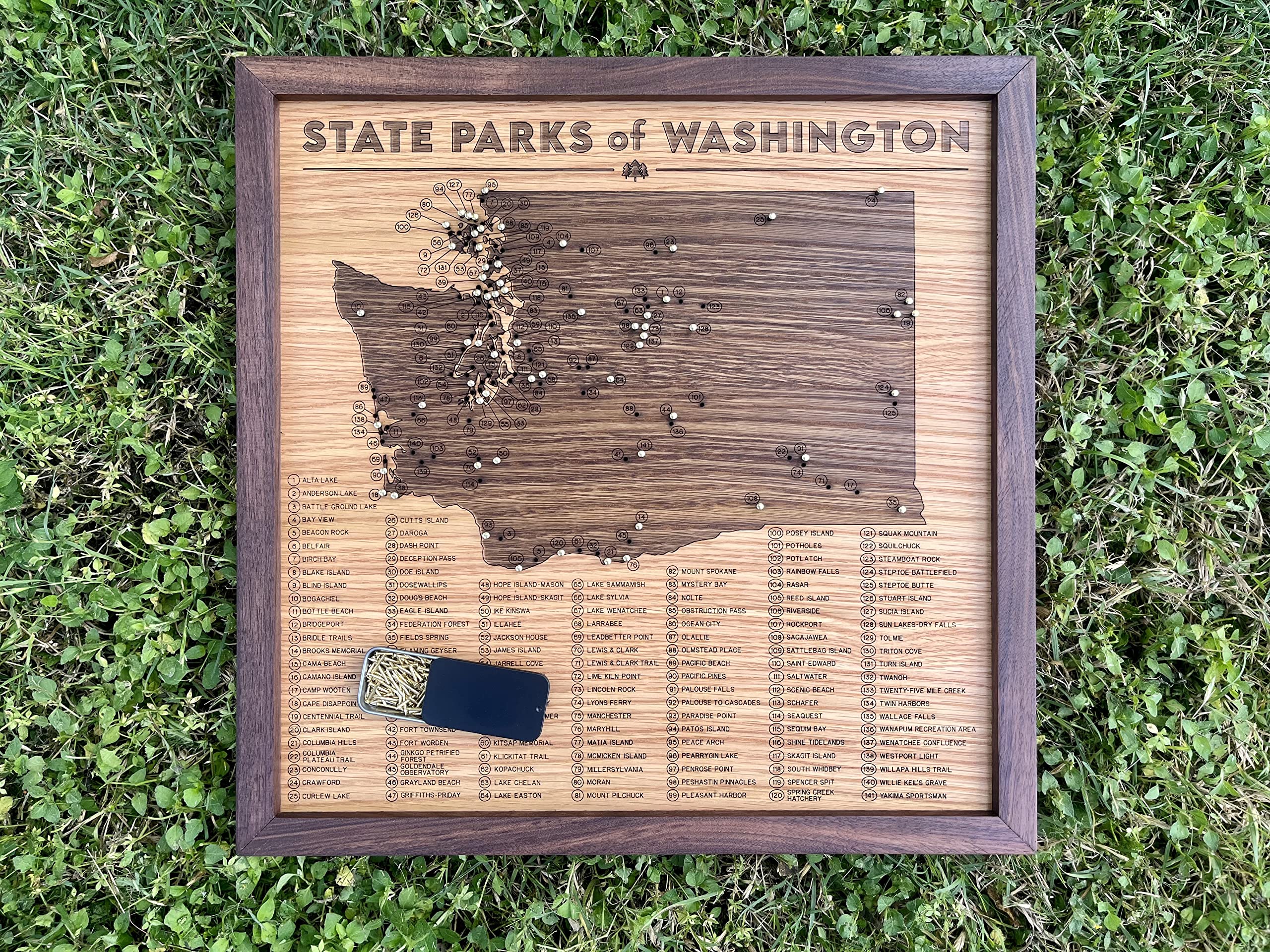 Washington State Parks Push Pin Map - Wooden Travel Tracker with Brass Pins for Adventure Planning