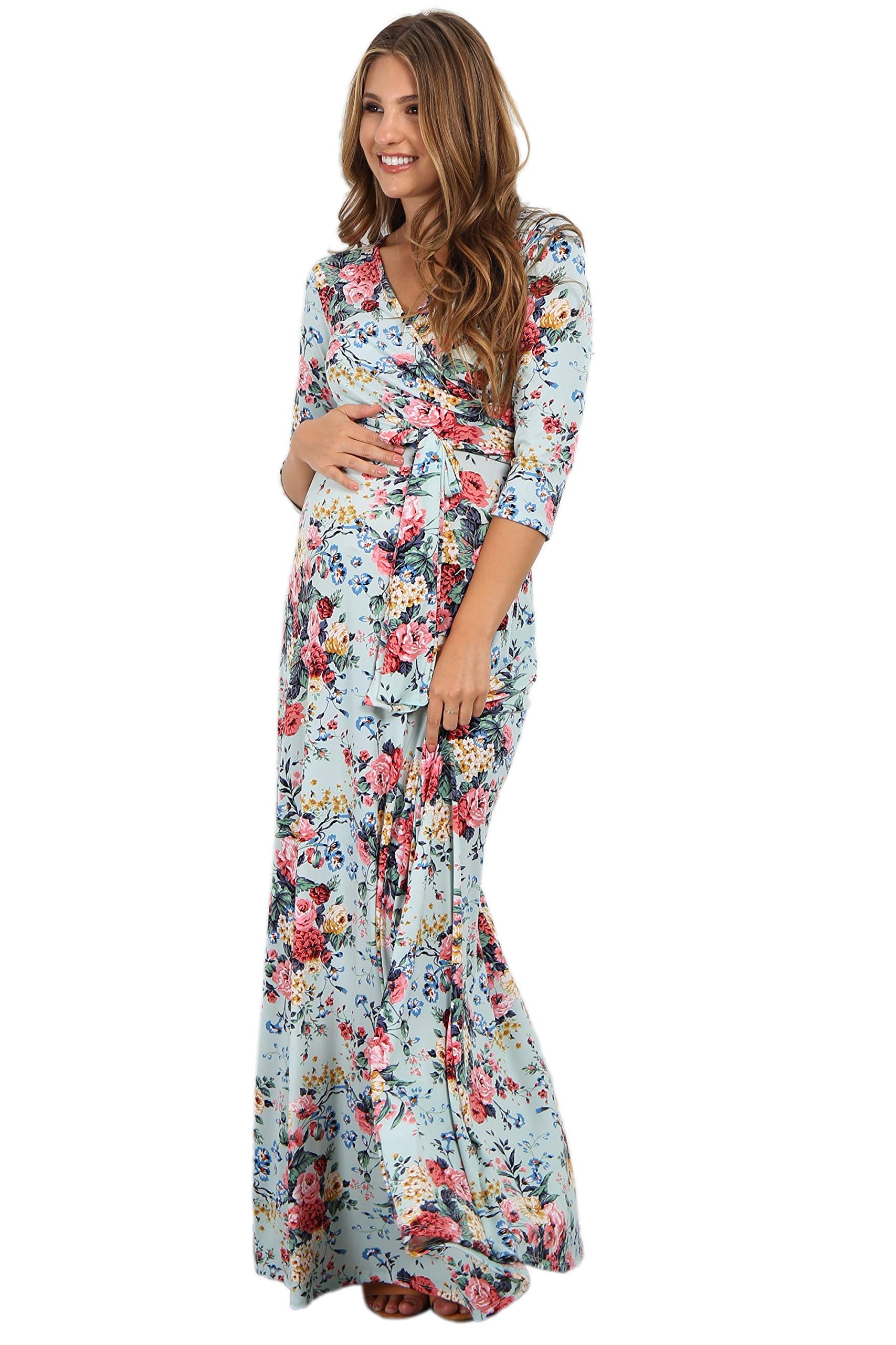 PinkBlush Women's Maternity & Nursing Maxi Dress with Mint Floral Print & Sash Tie - Comfortable Pregnancy Dress for Baby Shower, Nursing, and Special Occasions