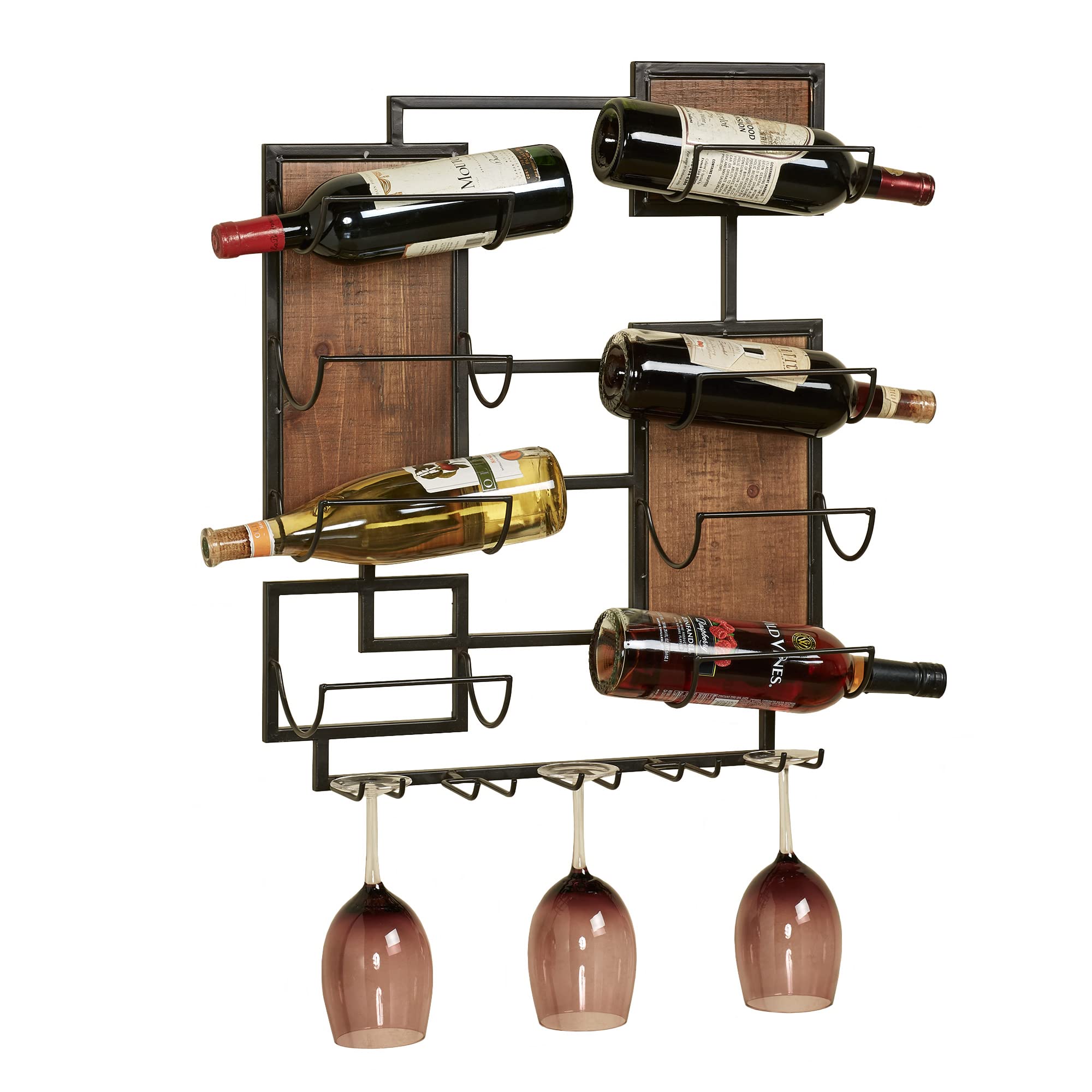 Touch of Class Coulter Wall Wine Rack - Black Metal with Dark Brown Wooden Accents - Holds 5 Glasses & 8 Bottles - Perfect for Kitchen, Dining Room, Bar or Restaurant Decor - Stemware Display & Wine Storage Solution