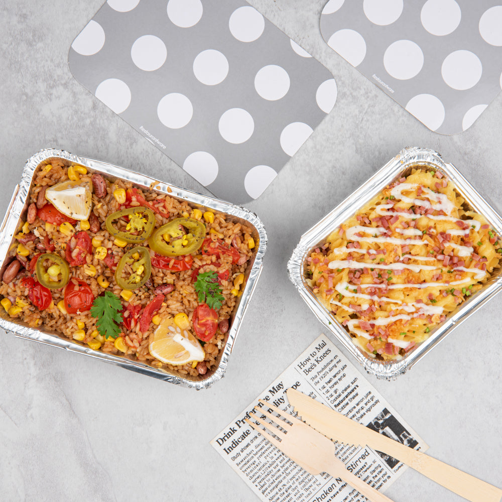 12 oz Rectangle Silver Aluminum Take Out Containers with Polka Dot Paper Lids - 5.75