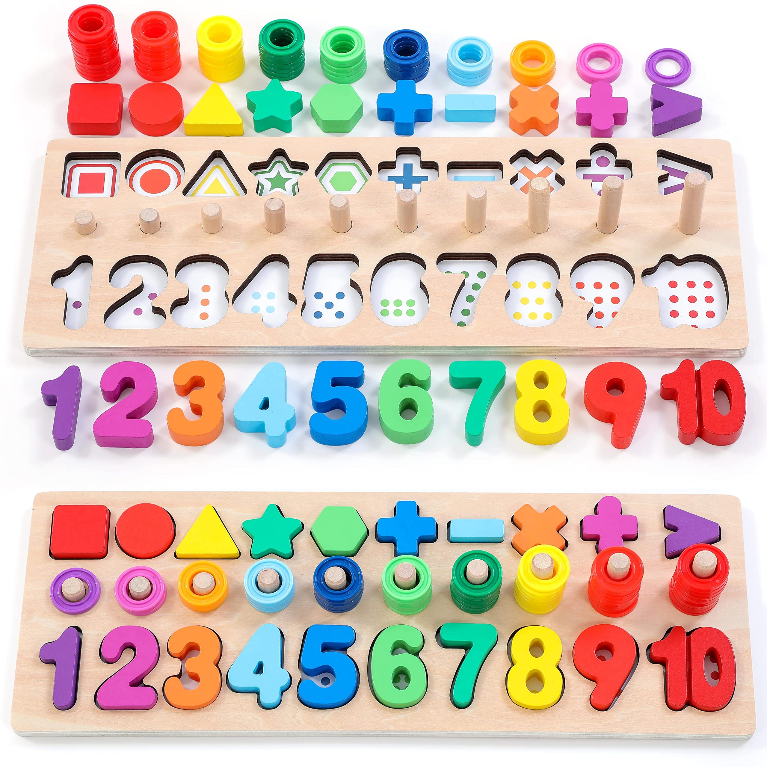 BEKILOLE Montessori Wooden Toys for Toddlers 1-3 Years - Number Puzzles, Shape Sorter & Counting Stacking Game - Preschool Learning Math Blocks for Boys & Girls - Ideal Gift for 1 Year Old - Perfect for Homeschooling, Daycare & Early Childhood Education