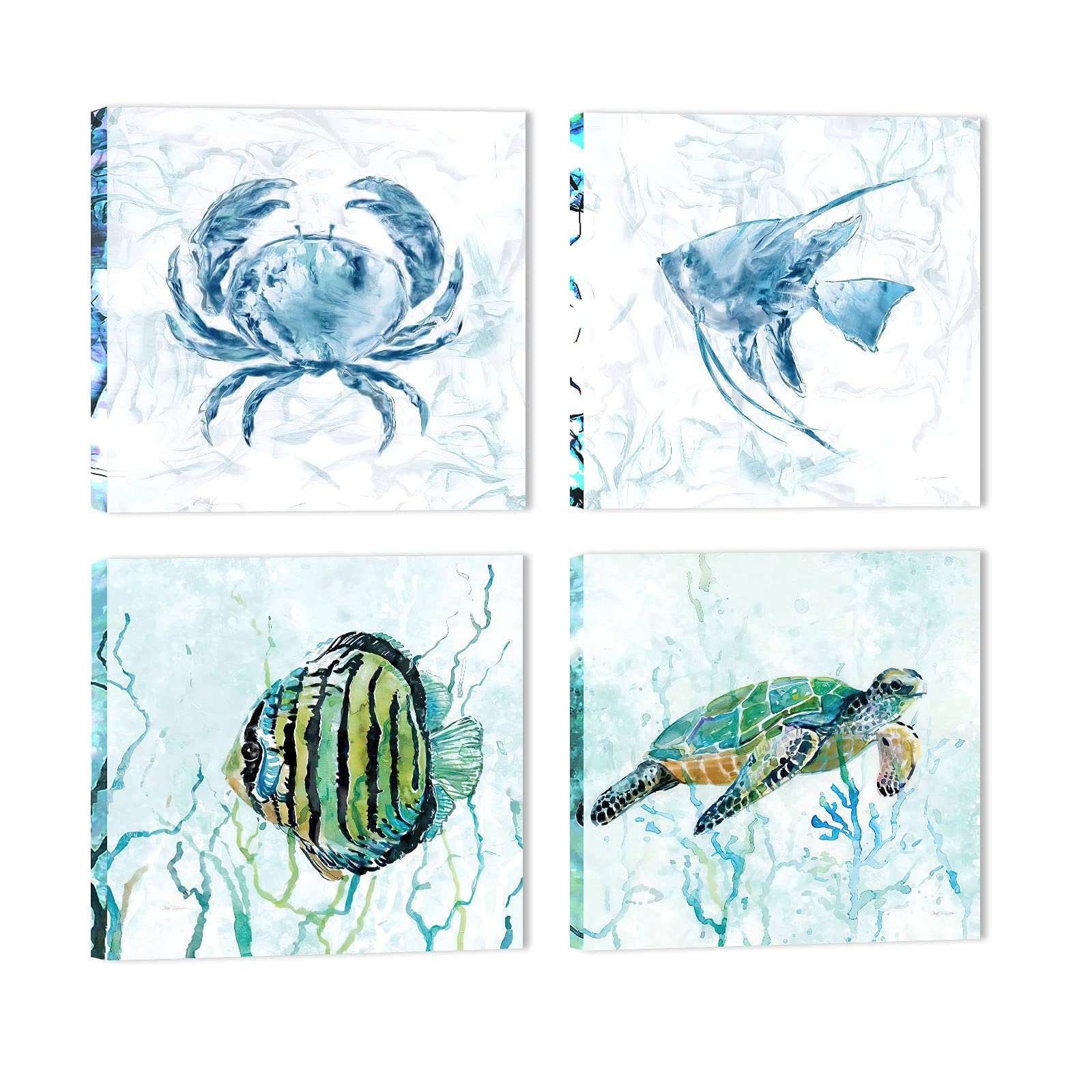 Ocean Themed Bathroom Wall Art Set - 4 Pieces Sea Turtle & Fish Decor for Kids & Coastal Bathroom Design - Perfect for Beach House, Nursery, or Spa-Inspired Bathroom Decor