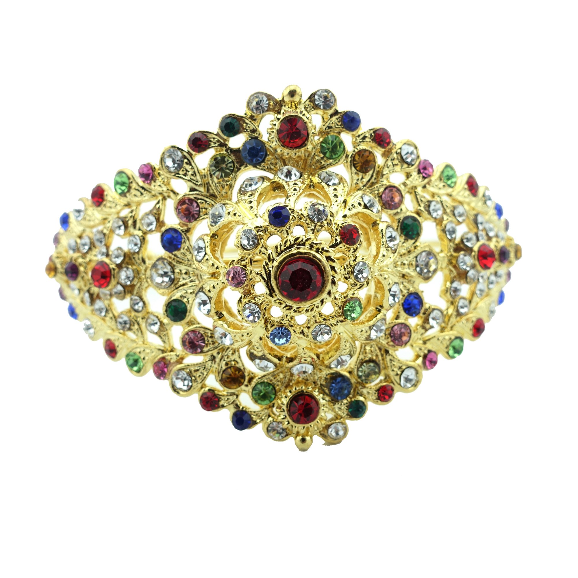 Thai Traditional Gold Plated Multicolor Crystal Arm Cuff (Rad Khaen) 3-4 Inches - Elegant Festival Jewelry for Women, Perfect for Weddings & Cultural Events