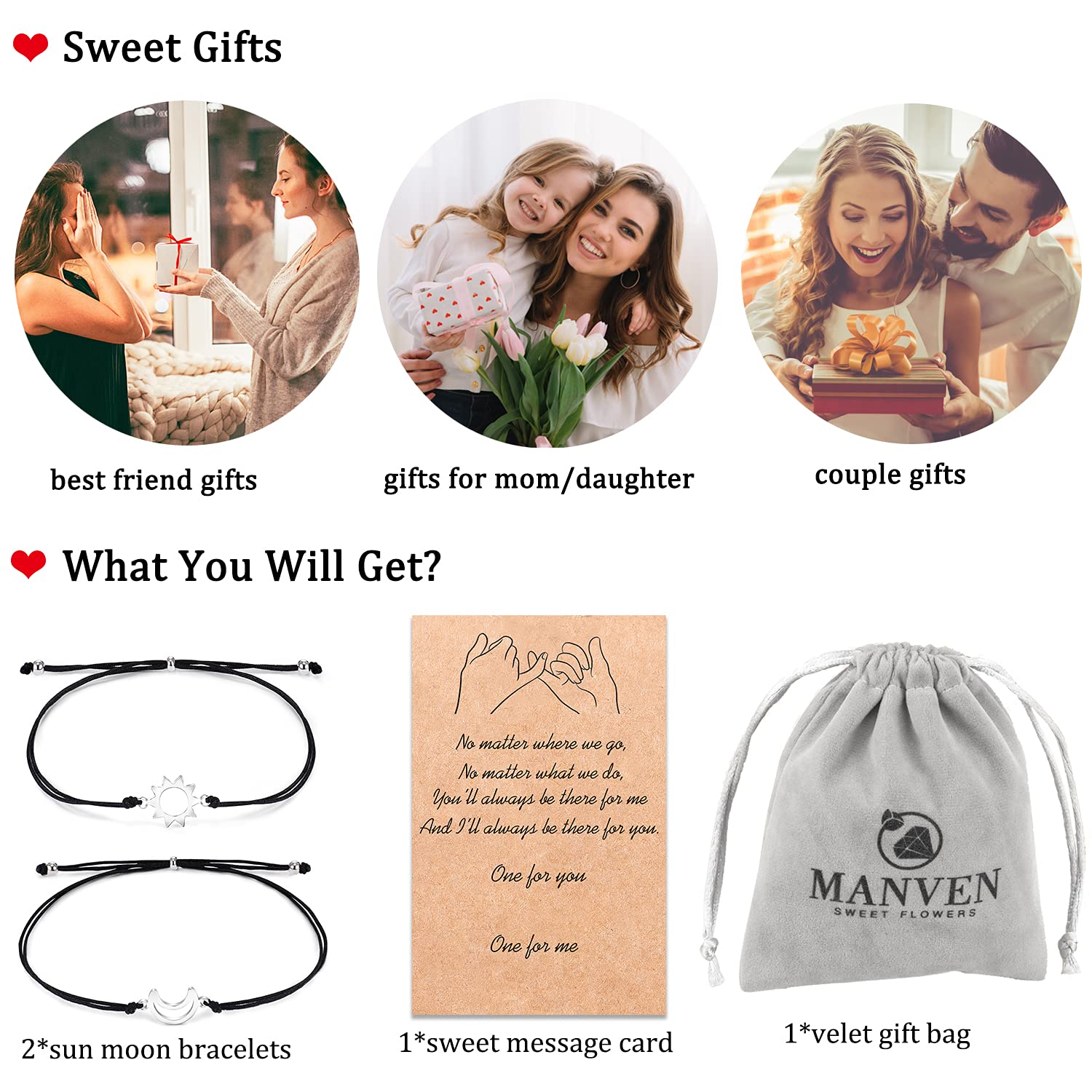 MANVEN Matching Couple Bracelets for Best Friends - Pinky Promise Bracelet Set for Women & Men - Romantic & Meaningful Gift for Birthday, Anniversary, Valentine's Day - Perfect for Couples, Sisters & Family
