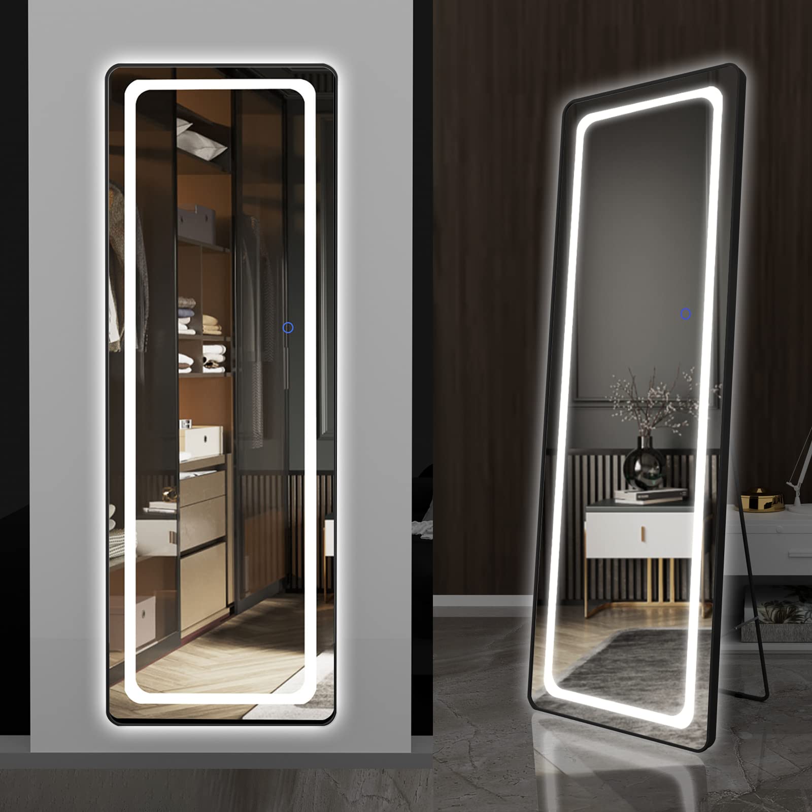 EVDINO 63x20 Inch LED Full-Length Mirror - Freestanding Floor & Wall Mounted Vanity Mirror with Lights, Large Body Mirror for Bedroom, Dressing Room & Home Decor (Black) | Perfect for Makeup, Outfit Checks & Selfies