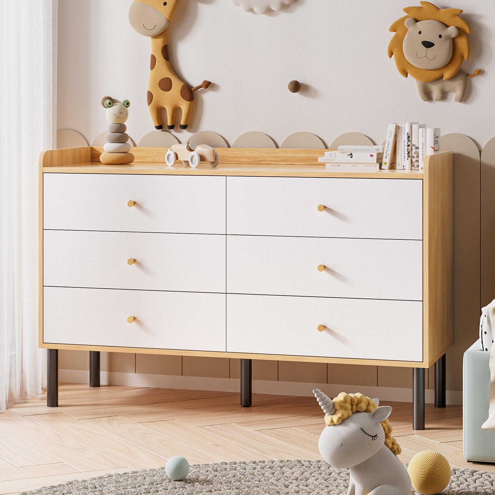 LYNSOM 6-Drawer Natural Wood Dresser for Bedroom - Modern Wide Drawer Storage with Metal Handles - Sturdy Chest of Drawers for Hallway, Entryway, Living Room & Bedroom Organization
