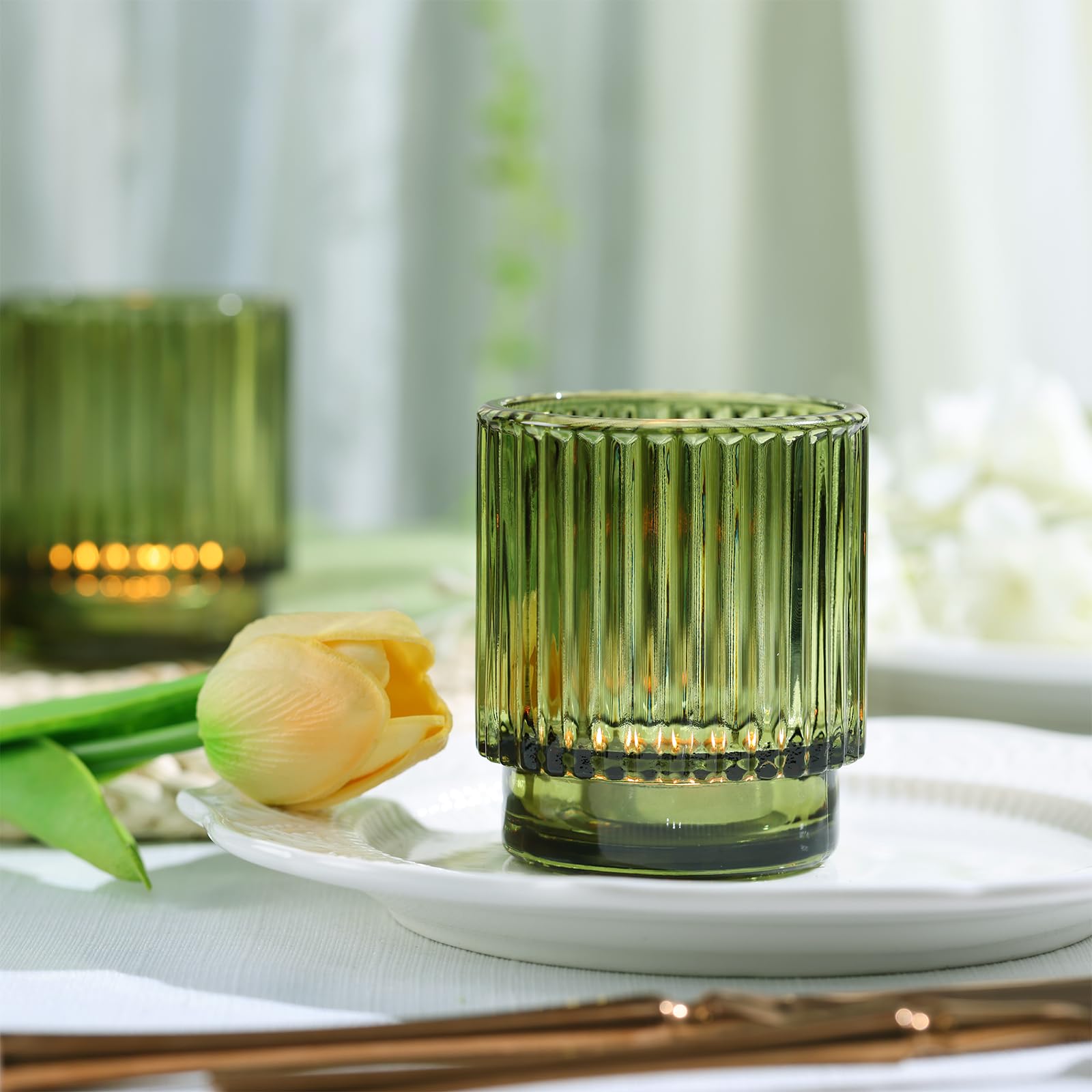 8-Piece Large Green Glass Votive Candle Holders - Wedding Centerpiece Decor, Boho Tea Light Candle Holders for Bridal Shower, Easter Table Decor, Party & Home Decoration - Perfect for Wedding Receptions, Dinner Parties, and Holiday Tablescapes
