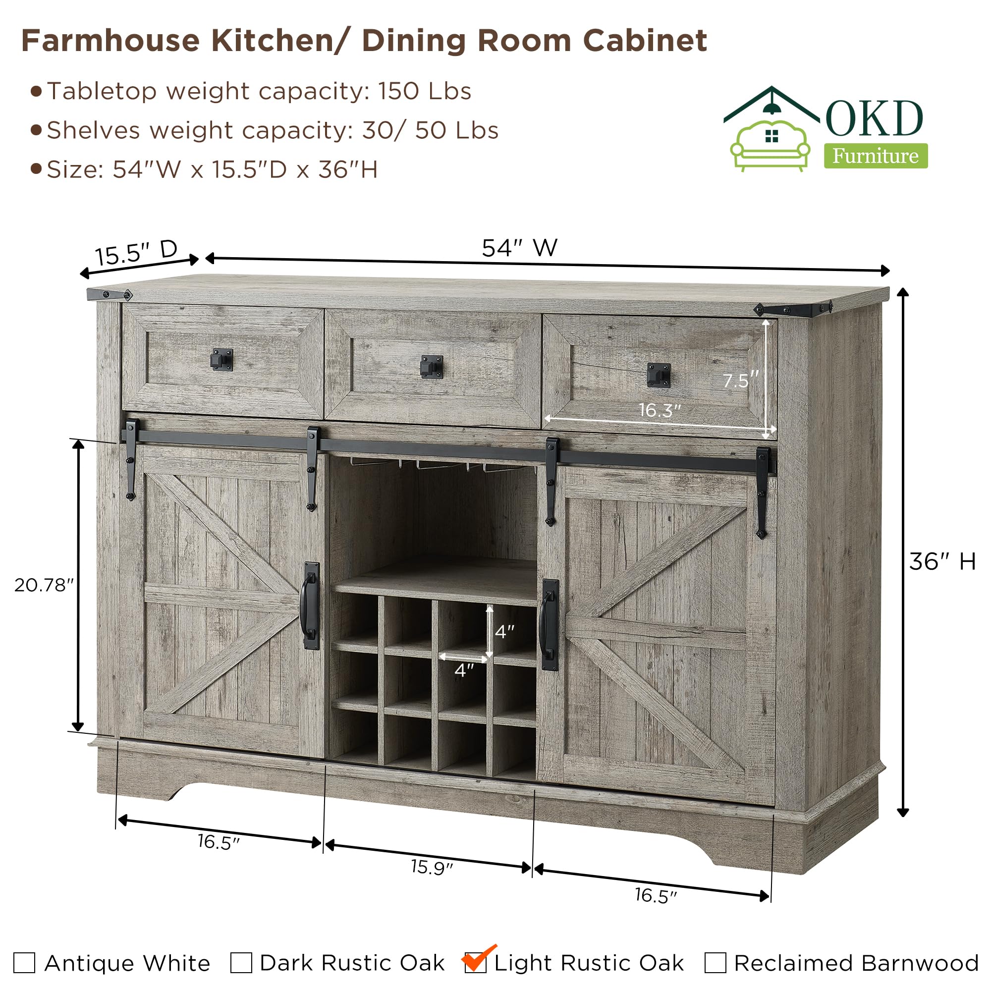 Farmhouse Wine Bar Cabinet with Sliding Barn Door - 54 Inch Rustic Kitchen Coffee Bar with Wine Rack, Glass Storage, 3 Drawers & Shelves - Light Oak Buffet Sideboard for Dining Room, Living Room & Home Entertaining