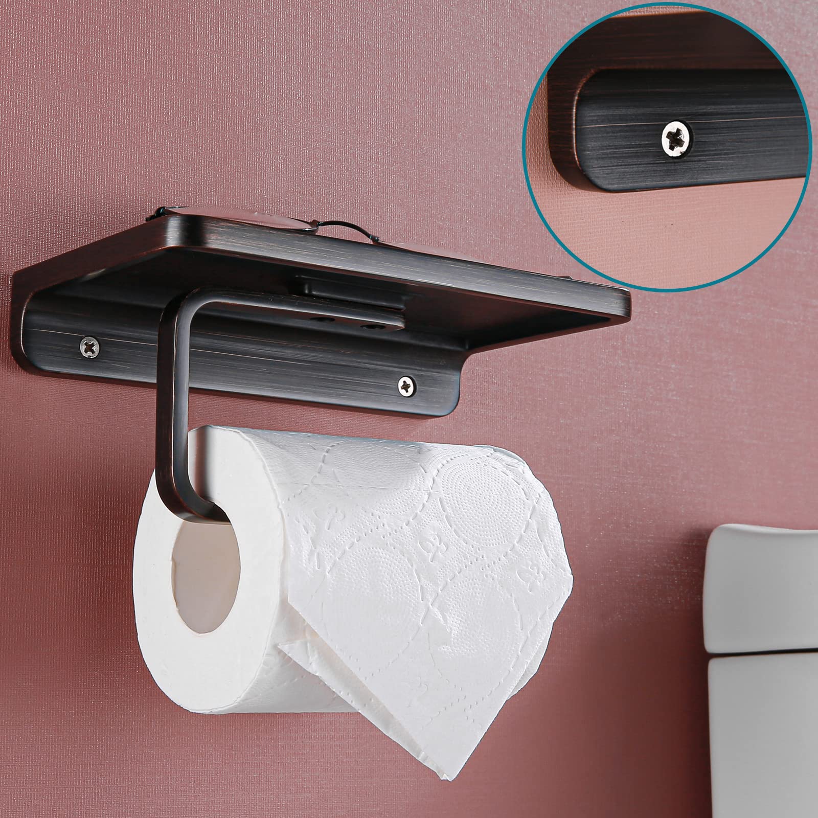 Oil Rubbed Bronze Toilet Paper Holder with Phone Shelf - Wall Mounted Bathroom Tissue Roll Holder - Solid Metal Design for Toilet Paper & Smartphone Storage - Perfect for Small Bathrooms & Powder Rooms - RD93008-ORB