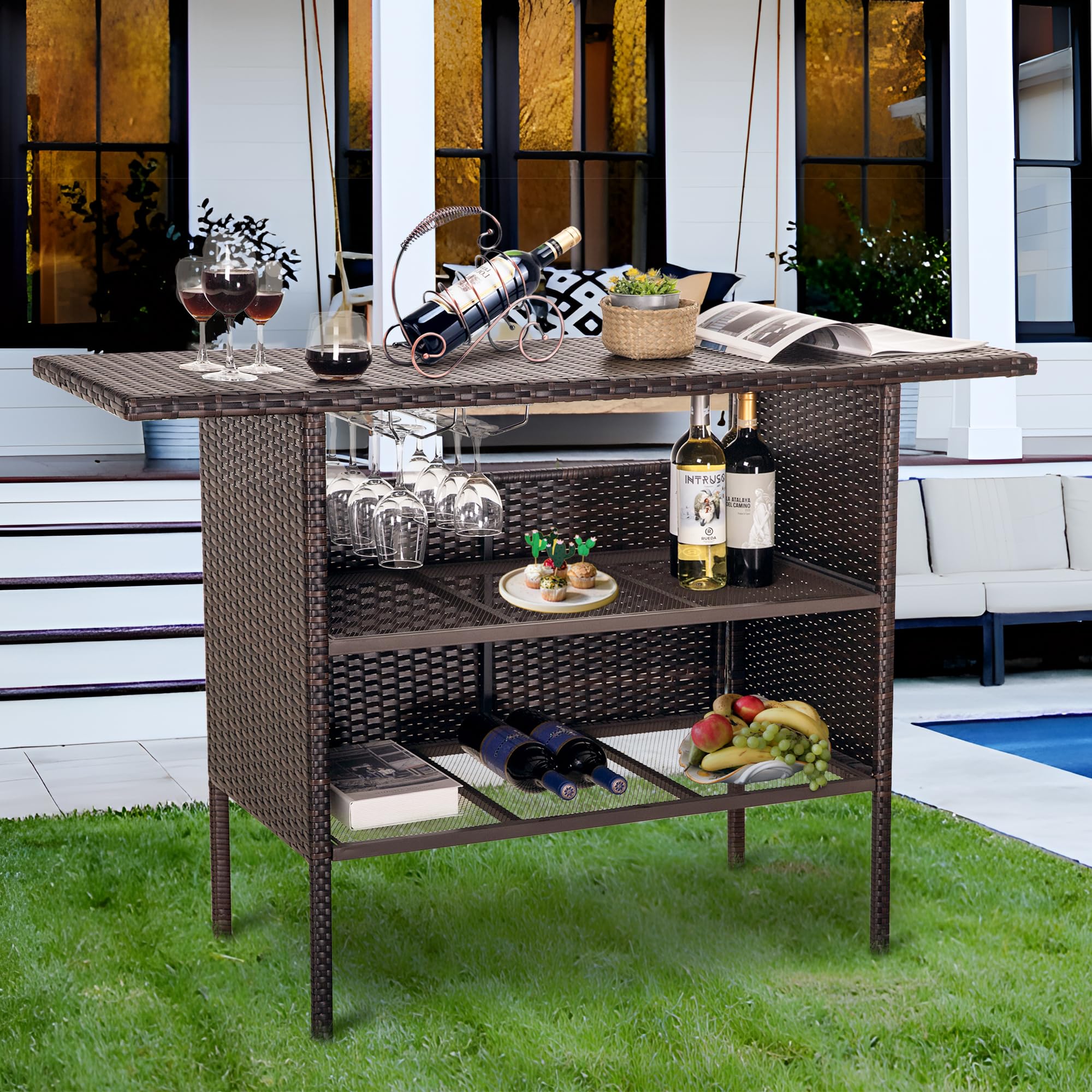 Outdoor Wicker Bar Table with 2 Steel Shelves & Wine Glass Holders - Patio Rattan Counter Table for Backyard, Garden & Poolside - Perfect for Entertaining Guests & Outdoor Dining