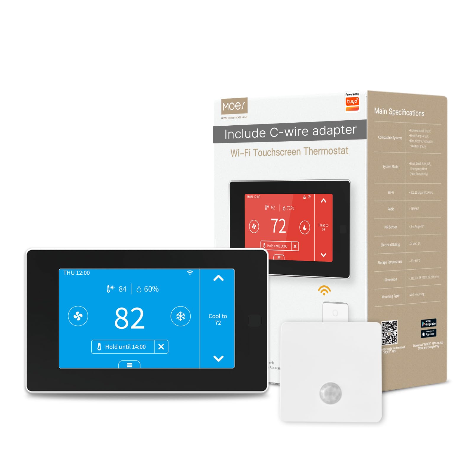 MoesGo Programmable WiFi Smart Thermostat for Home - No C-Wire Required, Works with Alexa & Google Assistant, 24VAC, Zone Remote Sensor, Tuya/Smart Life App Control | Perfect for Energy Saving & Smart Home Automation