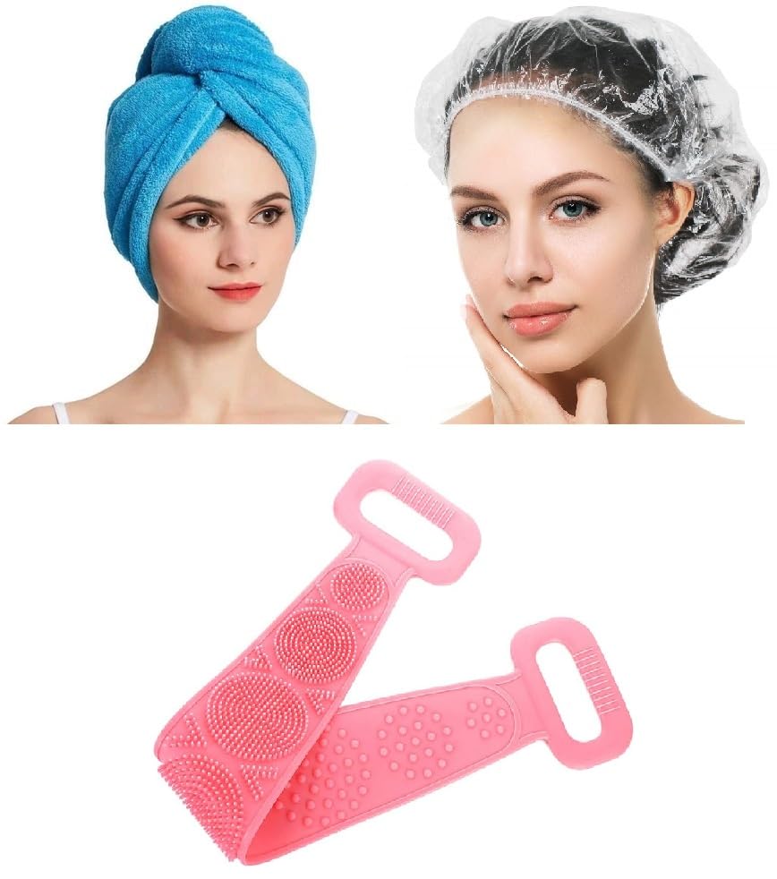 50PCS Shower Caps | Silicone Back Scrubber & Quick Dry Hair Turban | Travel & Hotel Essentials | Hair Care & Cleaning Supplies for Spa, Gym & Home Use