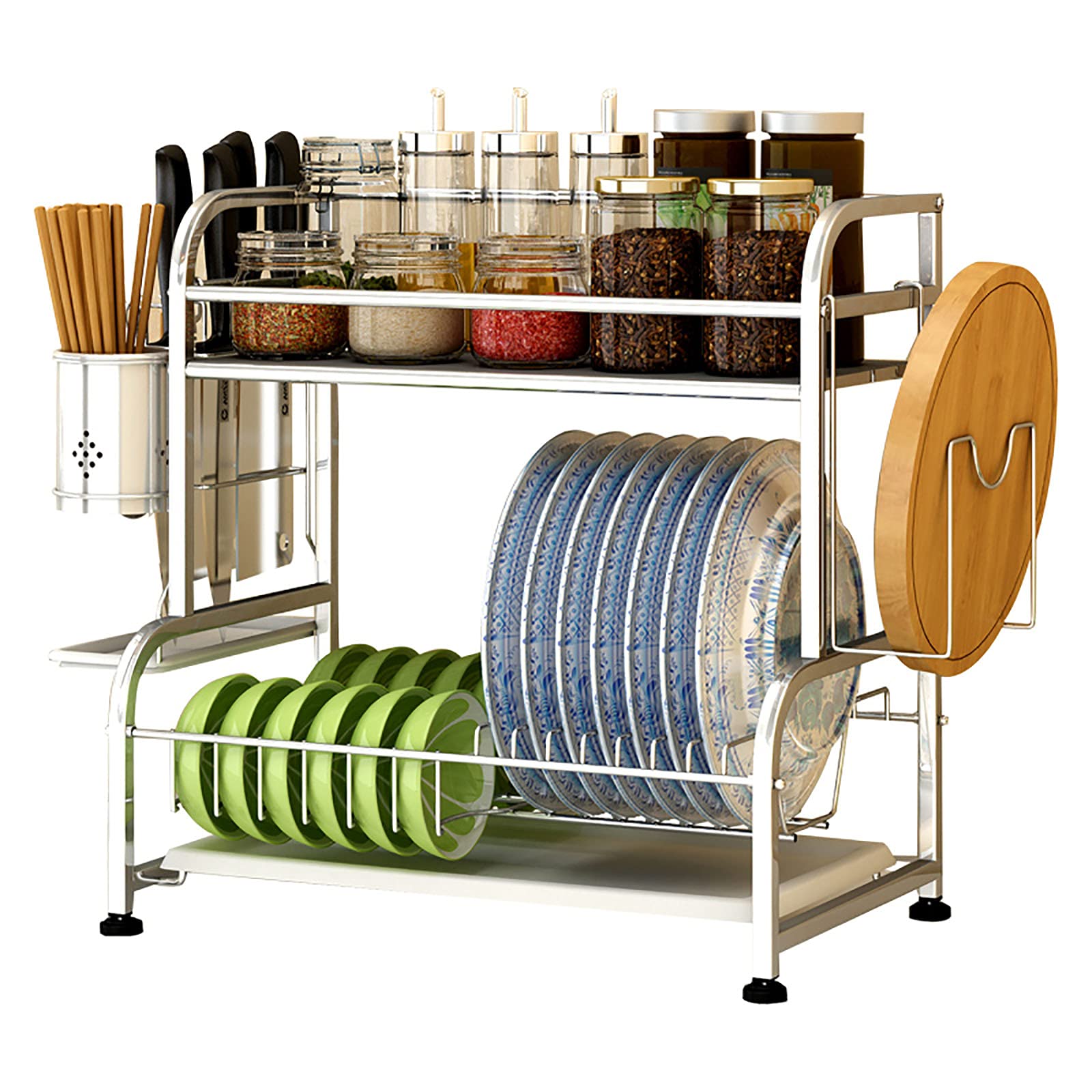 2-Tier Stainless Steel Dish Drying Rack - 304 Grade Kitchen Shelf for Dishes & Spice Storage (Silver, 44.4×32.7cm) - Space-Saving Countertop Organizer for Small Kitchens & Apartments