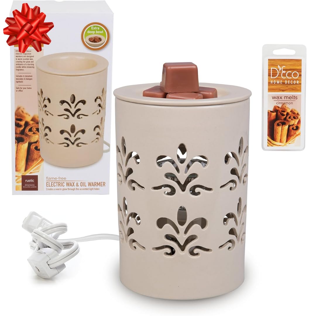 D'Eco Electric Wax Melt Warmer - Plug-in Scented Tart & Candle Warmer with 6 Cinnamon Wax Cubes | Halogen Bulb for Home Fragrance | Perfect for Living Room, Bedroom, Office & Gifts (Housewarming, Wedding)