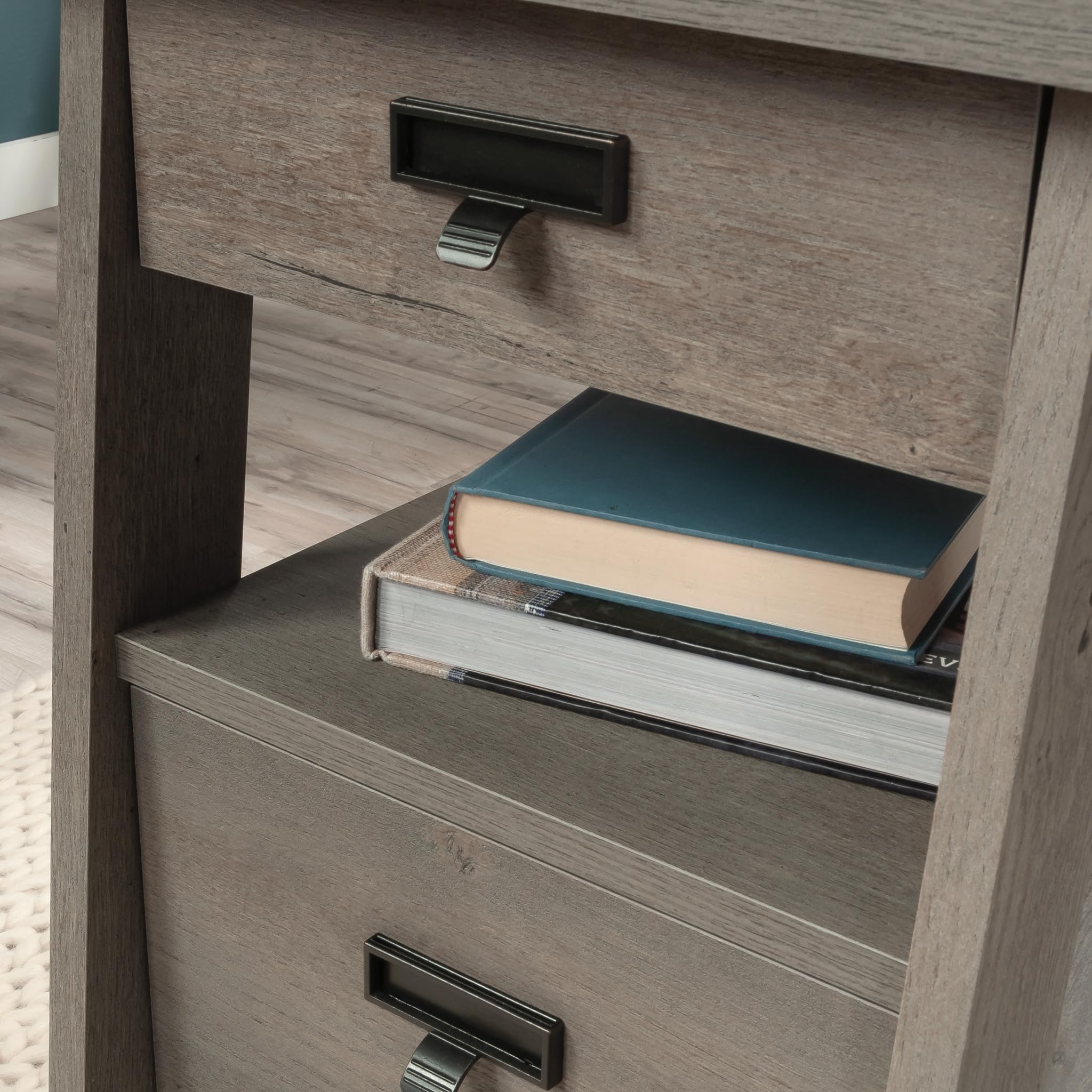 Sauder Trestle Office Desk with Drawers - Executive Writing Desk with File Cabinet Storage, Shelves & Cable Management in Mystic Oak Finish - Perfect for Home Office, Study Room & Workspace Organization
