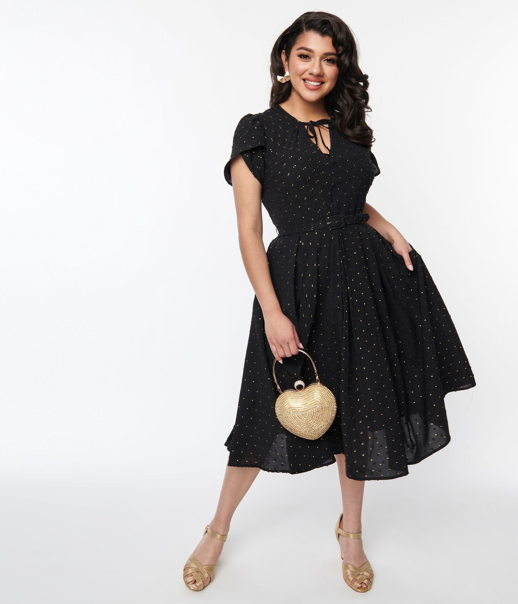 Vintage Black & Gold Polka Dot Dahlia Swing Dress - Retro 1950s Style Flared Skirt for Women - Perfect for Parties, Weddings & Special Occasions