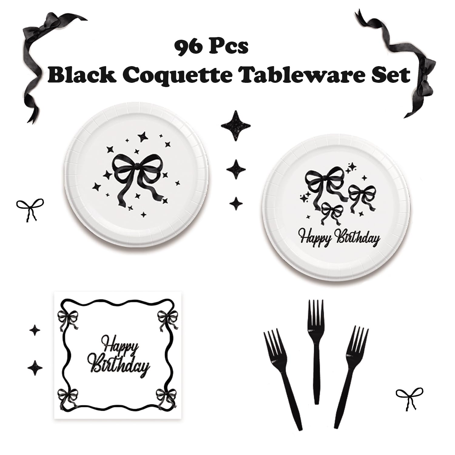 96Pcs Black Bow Birthday Party Supplies Set - Includes Napkins, Plates & Forks - Elegant Black Bow Themed Tableware for Girls Birthday Party Decorations | Perfect for Birthday Celebrations, Baby Showers & Themed Events