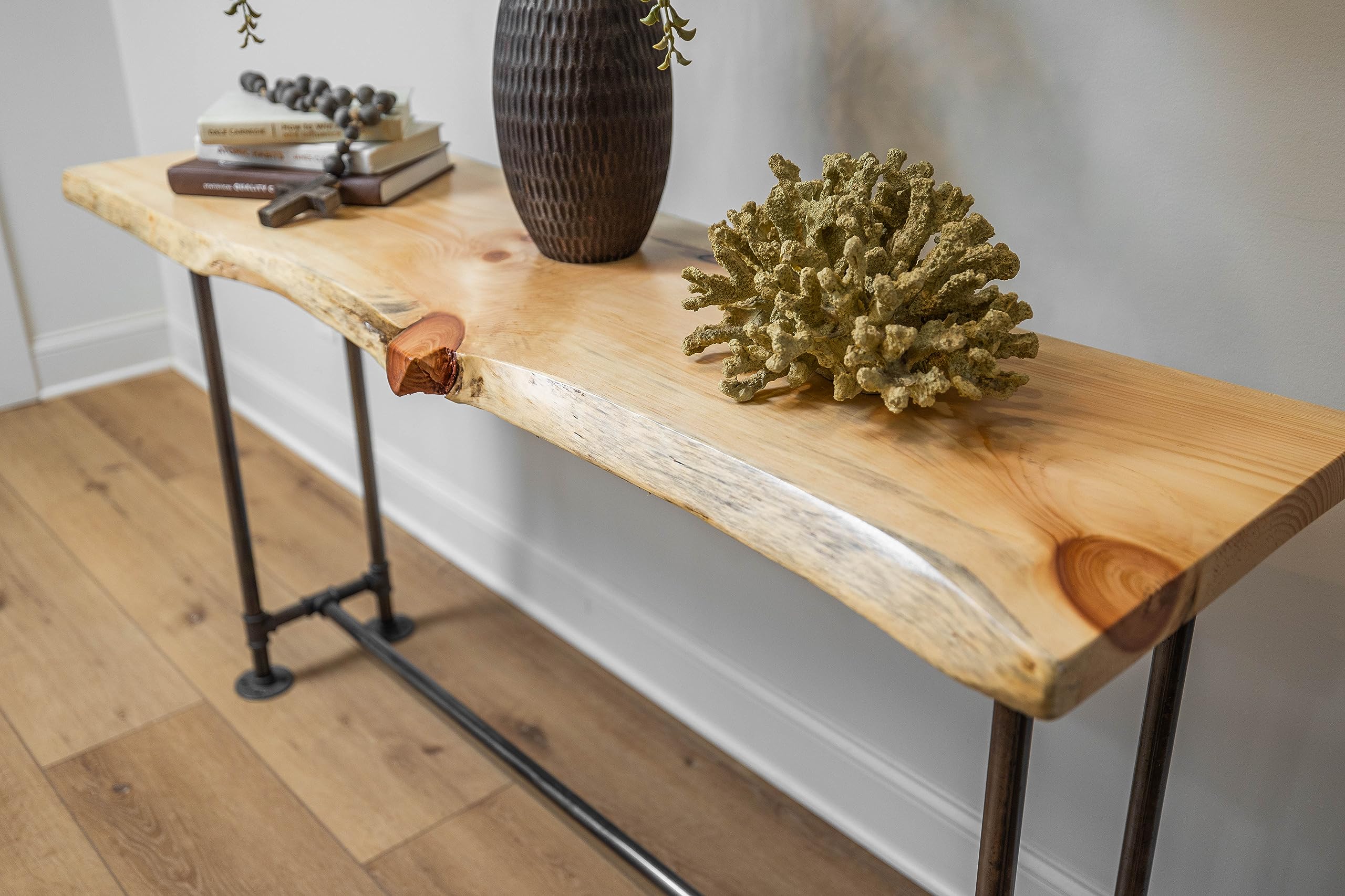 Handcrafted SRL Industrial Console Table - Live Edge Sofa Table with Solid Pine Slabs & Metal Pipe Legs - Rustic Wooden Entryway Table for Living Room, Bedroom or Office - Perfect as TV Stand, Hallway Decor or Farmhouse Accent Furniture (Natural Finish)