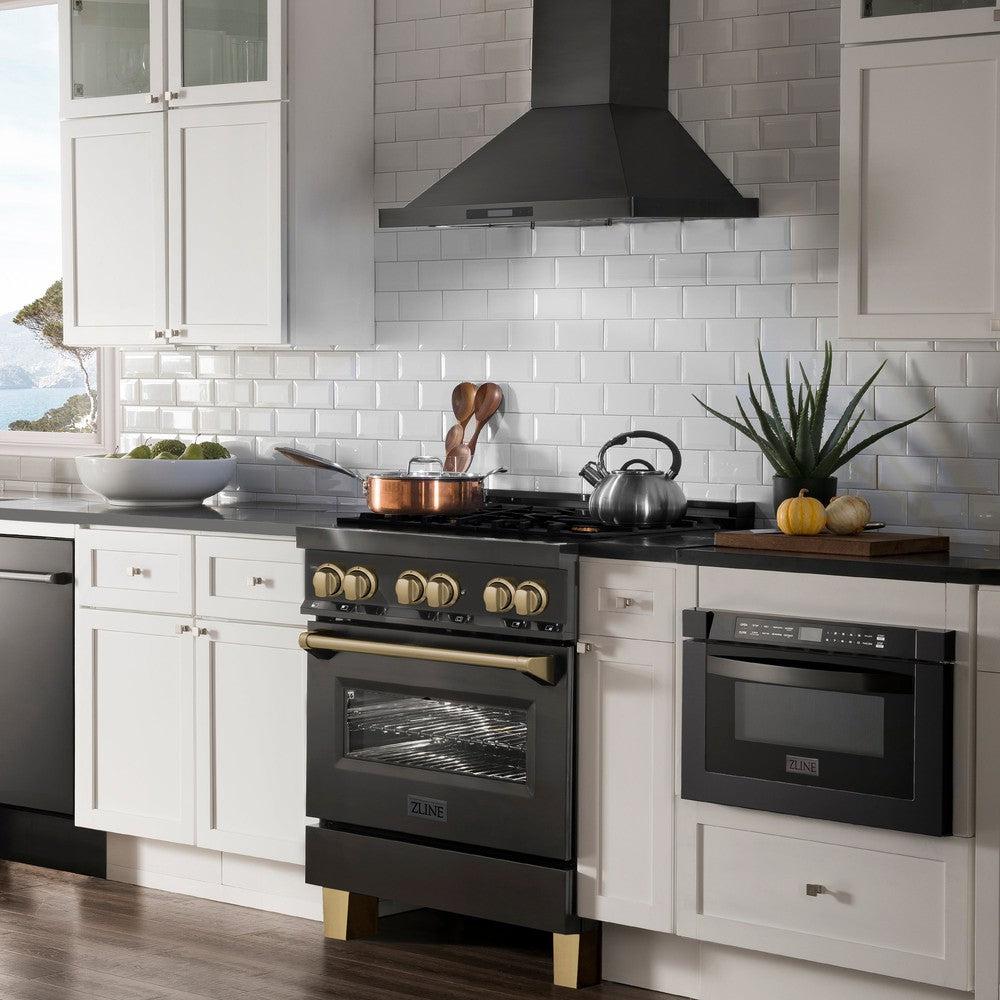 ZLINE Autograph Edition 30-inch 4.0 cu. ft. Dual Fuel Range with 4-Burner Gas Cooktop & Electric Convection Oven - Black Stainless Steel with Champagne Bronze Accents (RABZ 30 CB) - Perfect for Modern Kitchens, Home Chefs & Gourmet Cooking