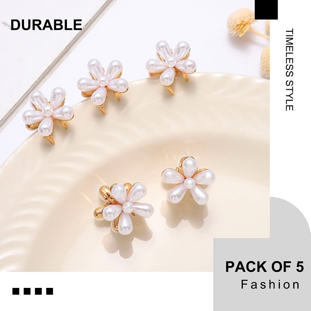 Korean Style Pearl Hair Claw Clips - 5 Pack Mini Flower Shaped Barrettes with Decorative Pearls, Elegant Hair Accessories for Women & Girls | Perfect for Weddings, Parties & Everyday Styling