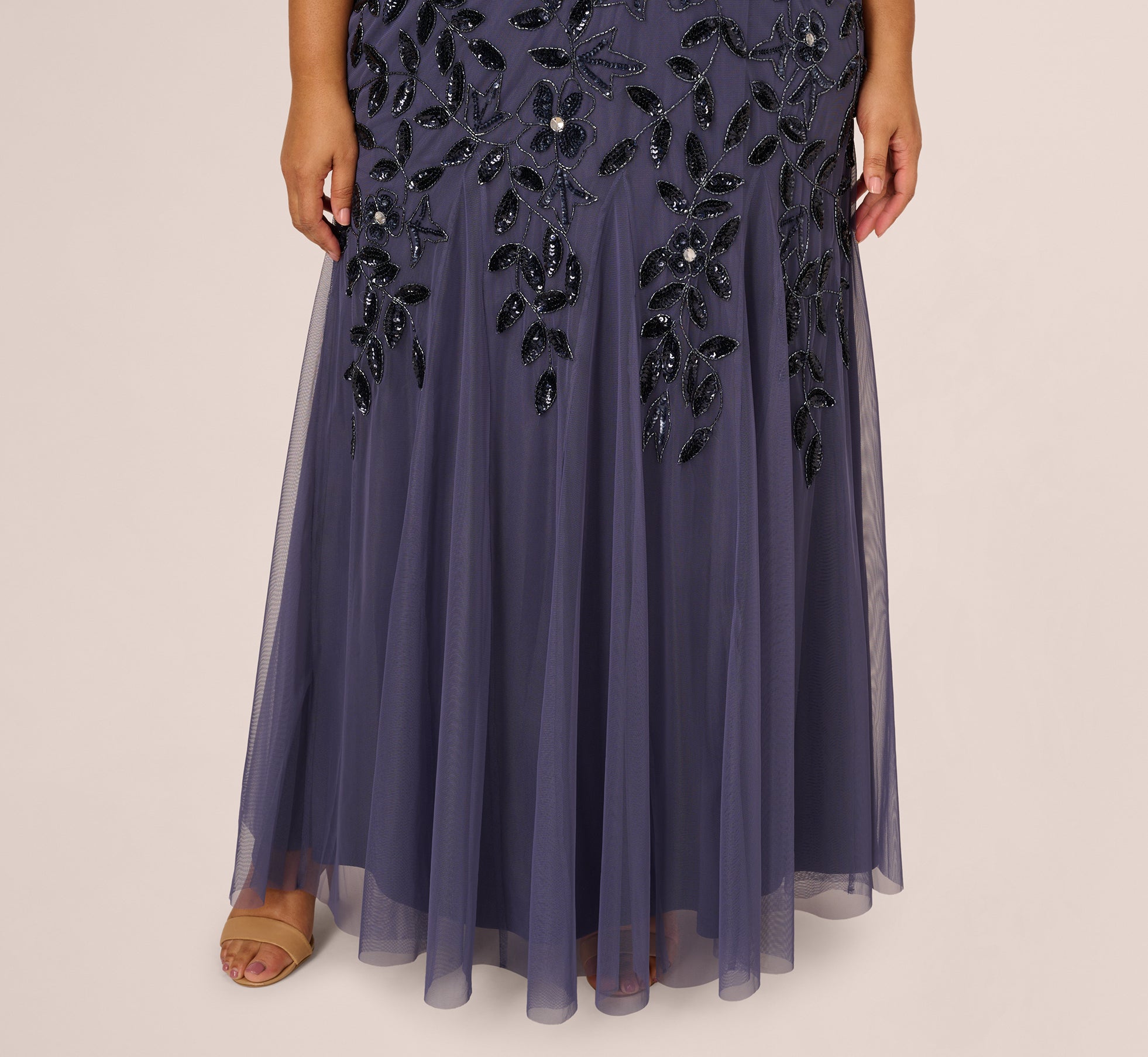 Plus Size Hand Beaded Short Sleeve Floral Godet Gown In Smoky Peri - Elegant Evening Dress for Women, Wedding Guest Dress, Special Occasion Gown