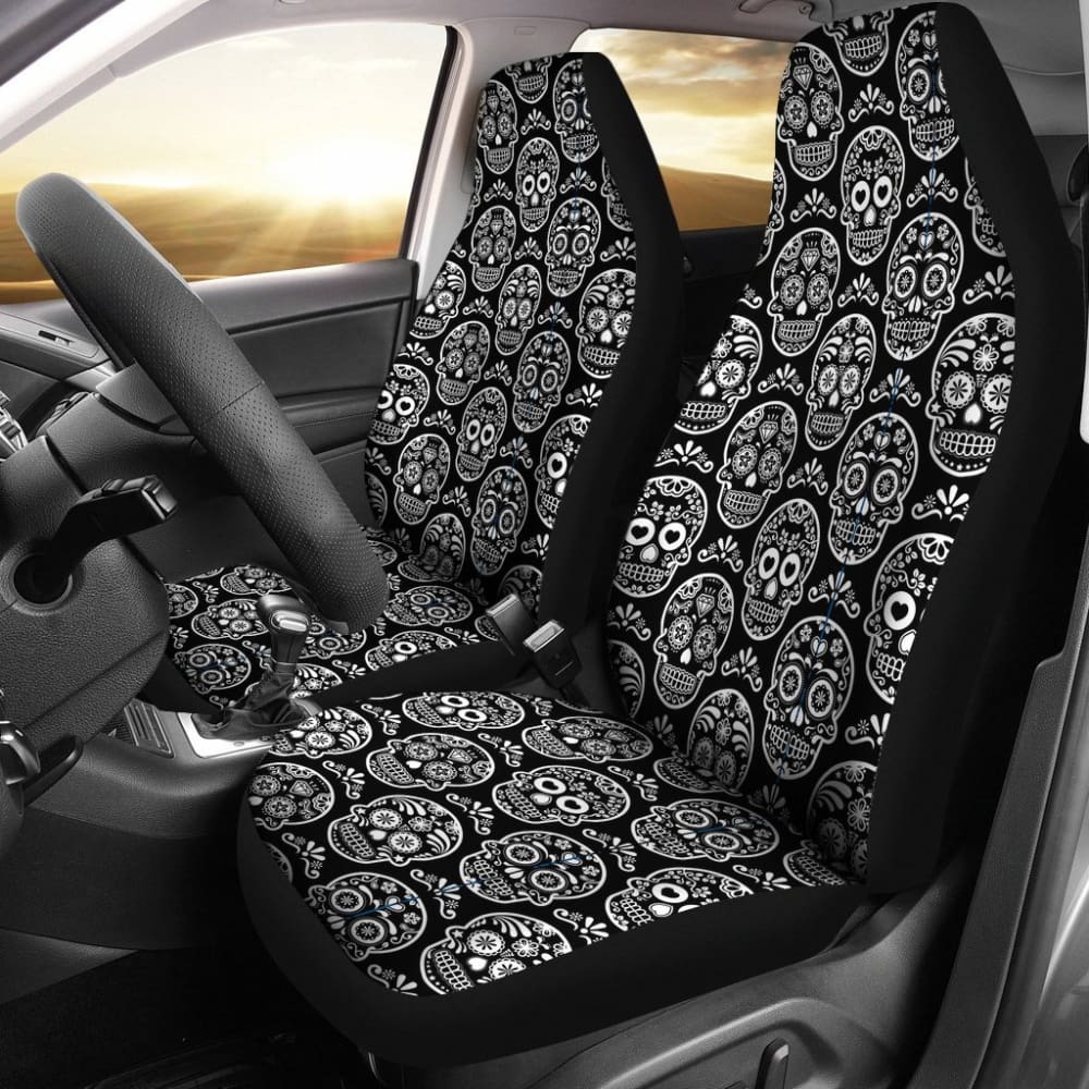 2 Pcs Sugar Skull Car Seat Covers - Halloween Dia de Los Muertos Decor for Cars - Perfect for Day of the Dead Celebrations, Car Accessories & Seasonal Decor