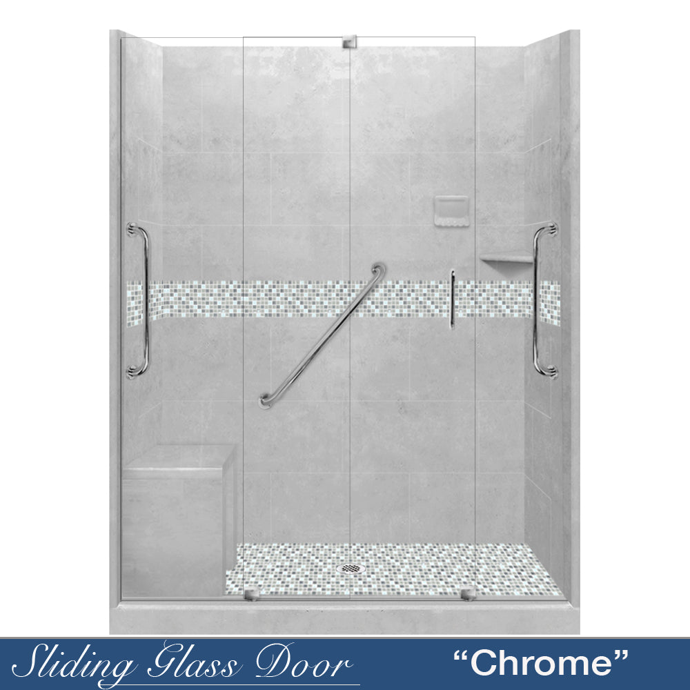 Freedom 60 Alcove Shower Remodel Kit with Portland Cement Sistine Stone & Del Mar Mosaic Accent - DIY Bathroom Upgrade for Modern Home Renovation