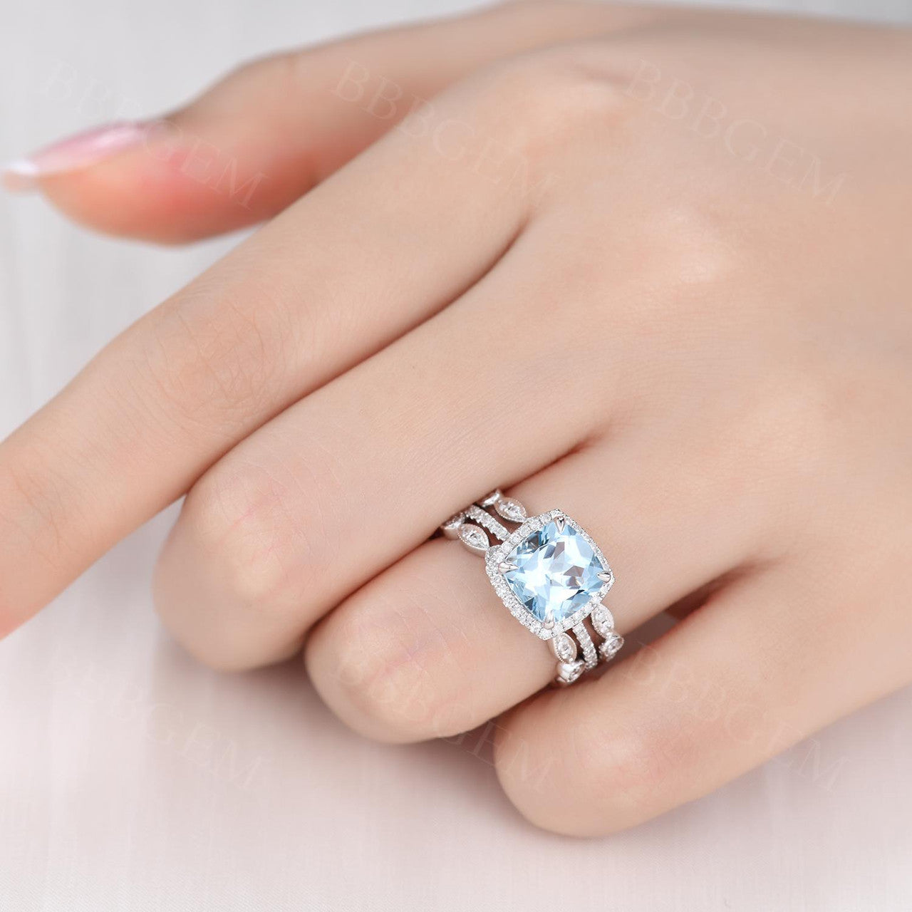 2.2 Carat Cushion Cut Aquamarine and Diamond Bridal Set, 14K White Gold Wedding Ring with Full Eternity Band - Perfect for Engagement, Anniversary, and Art Deco Style Jewelry Lovers