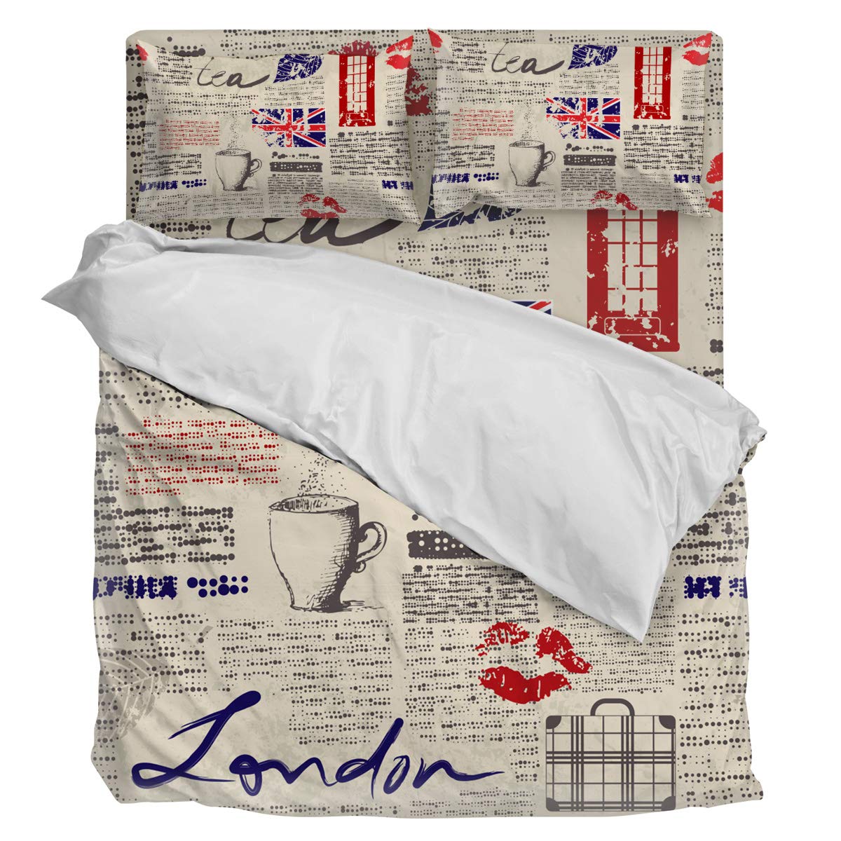 4 Piece Luxury Soft King Size Duvet Cover Bedding Set - 1 Duvet Cover + 1 Sheet + 2 Pillowcases - London Newspaper Telephone Booth Design - Perfect for Master Bedroom, Guest Room & Hotel Decor