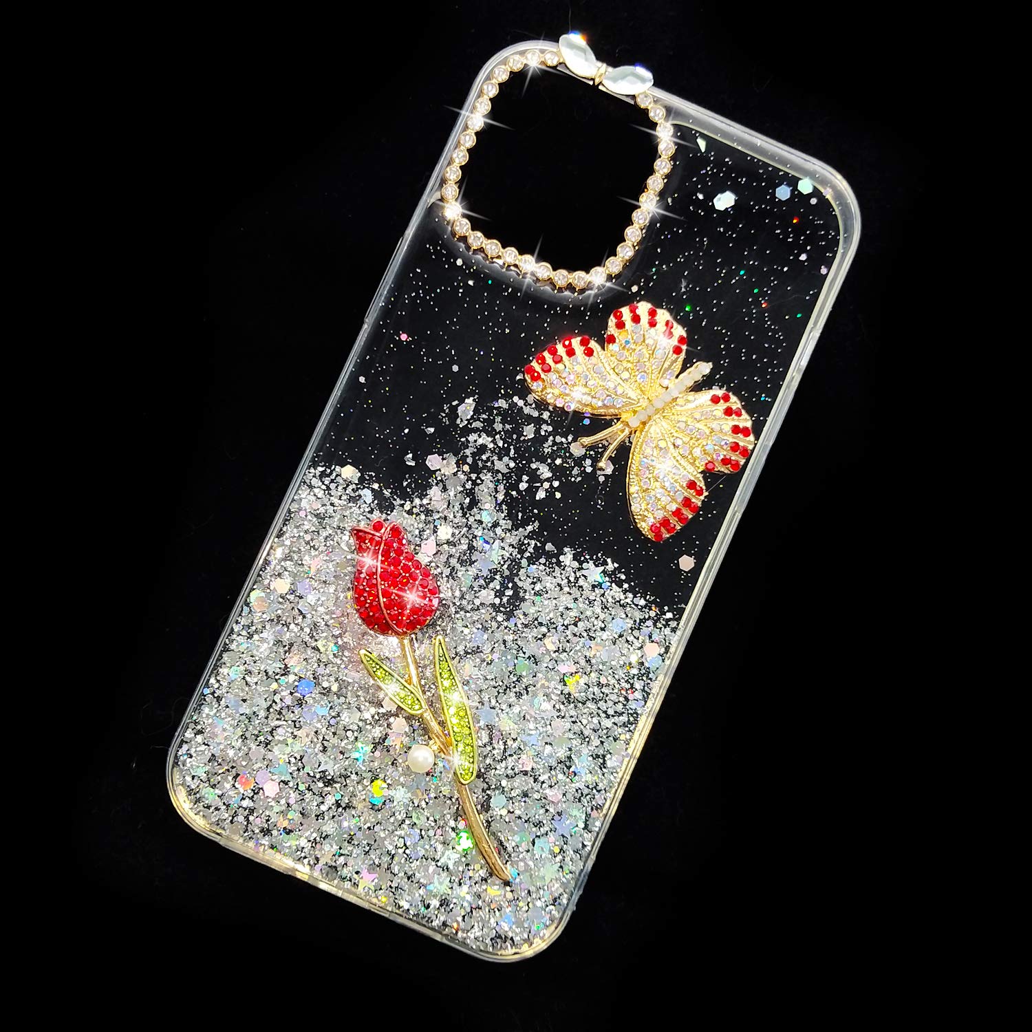 Luxury 3D Bling Glitter Rhinestone iPhone 12 Pro Case - Diamond Butterfly Flower Design, Sparkly Soft Silicone Protective Cover for Women & Girls (6.1
