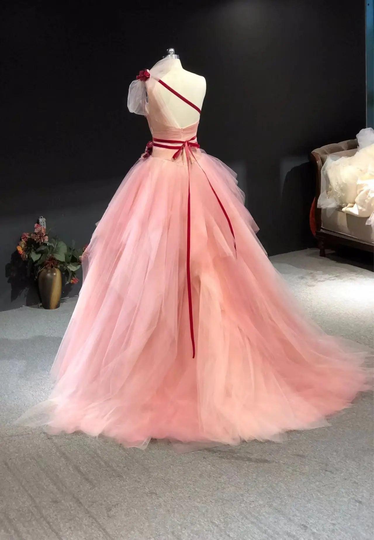 Elegant Pink One Shoulder Evening Gown - Custom Made Floor Length Dress with Handmade Floral Details | High Quality Formal Wear for Prom, Wedding, and Special Occasions