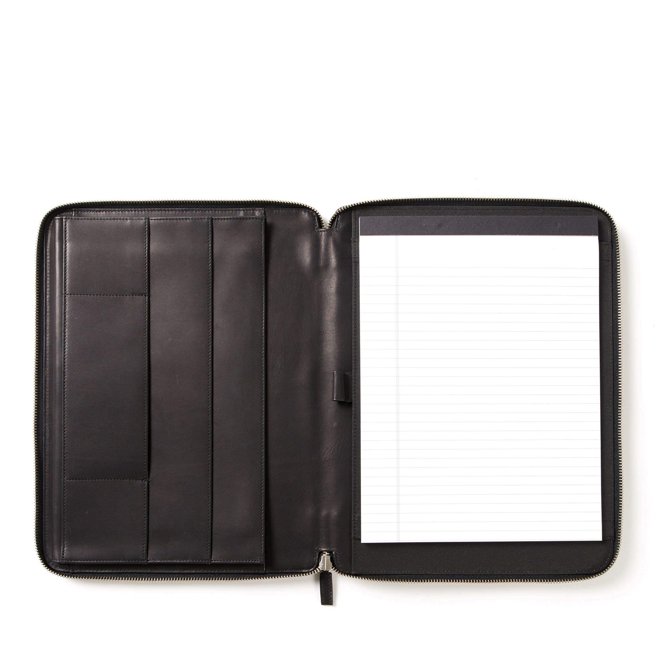 Premium Black Oil Leather Executive Zippered Portfolio with Tablet Pocket - Professional Business Document Organizer for Office, Meetings & Travel