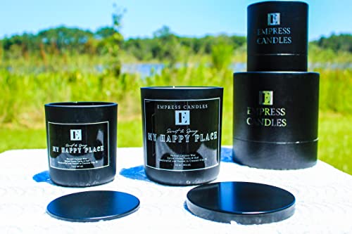 Premium Handcrafted Luxury Soy Candles - Natural Coconut Wax, Non-Toxic Fragrance Oil, Wooden Wick, 50-70 Hours Burn Time, Vegan & Cruelty-Free, Biodegradable with Reusable Glass Jar (My Happy Place Scent, 12oz) - Perfect for Home Decor, Relaxation, Meditation, Spa, Yoga and Romantic Gifts