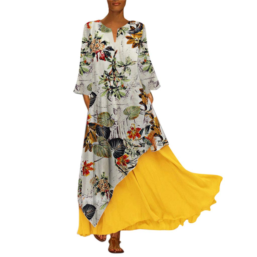 Vintage Floral Print Plus Size V-Neck Long Sleeve T-Shirt Dress for Women - White Casual Boho Maxi Dress for Date Night, Office Wear & Spring Outfits