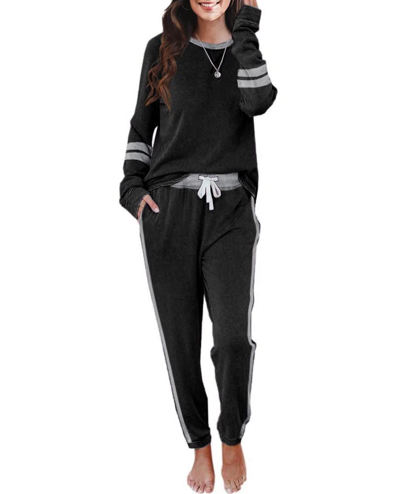 Imesrun Women's Two Piece Lounge Set - Striped Long Sleeve Oversized Sweatshirt & Drawstring Sweatpants Comfy Outfit | Perfect for Home Relaxation, Yoga & Casual Wear