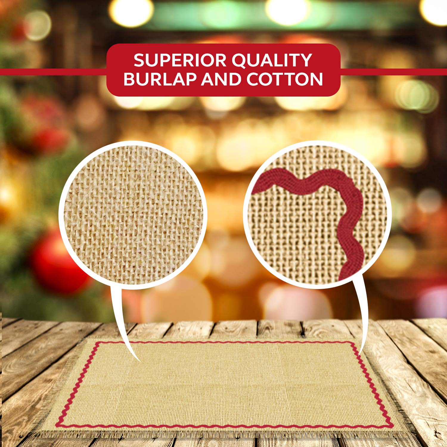Rustic Ruffle Burlap Jute Placemats Set of 16 - Farmhouse Dining Table Mats for Thanksgiving, Christmas & Holiday Decor - Perfect for Dining Room, Bedside Tables & Living Room Home Decor in Red