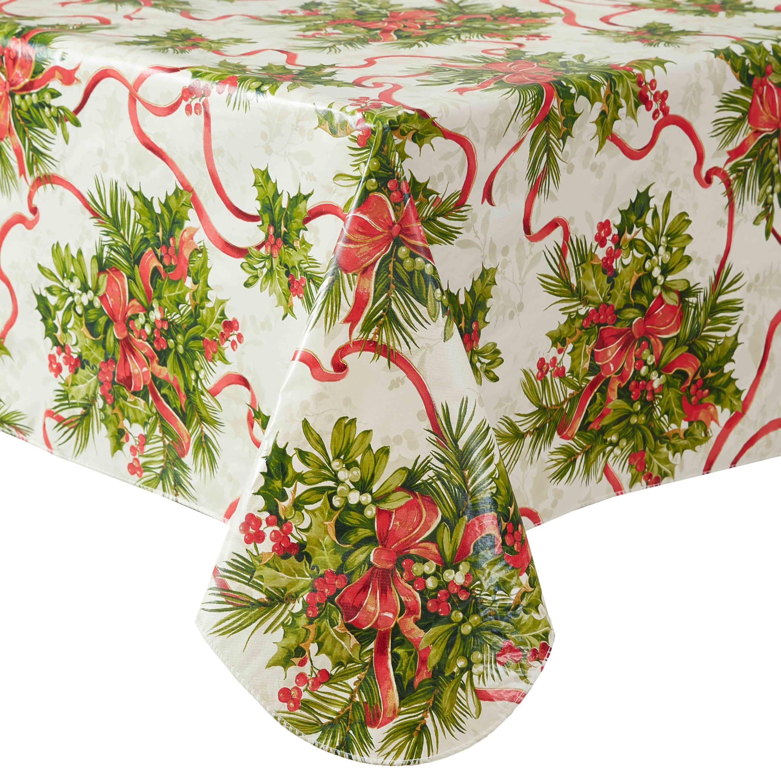 Newbridge Christmas Holly Traditions Vinyl Tablecloth with Flannel Backing - Red Holly Berry & Ribbons Holiday Table Cover - 52