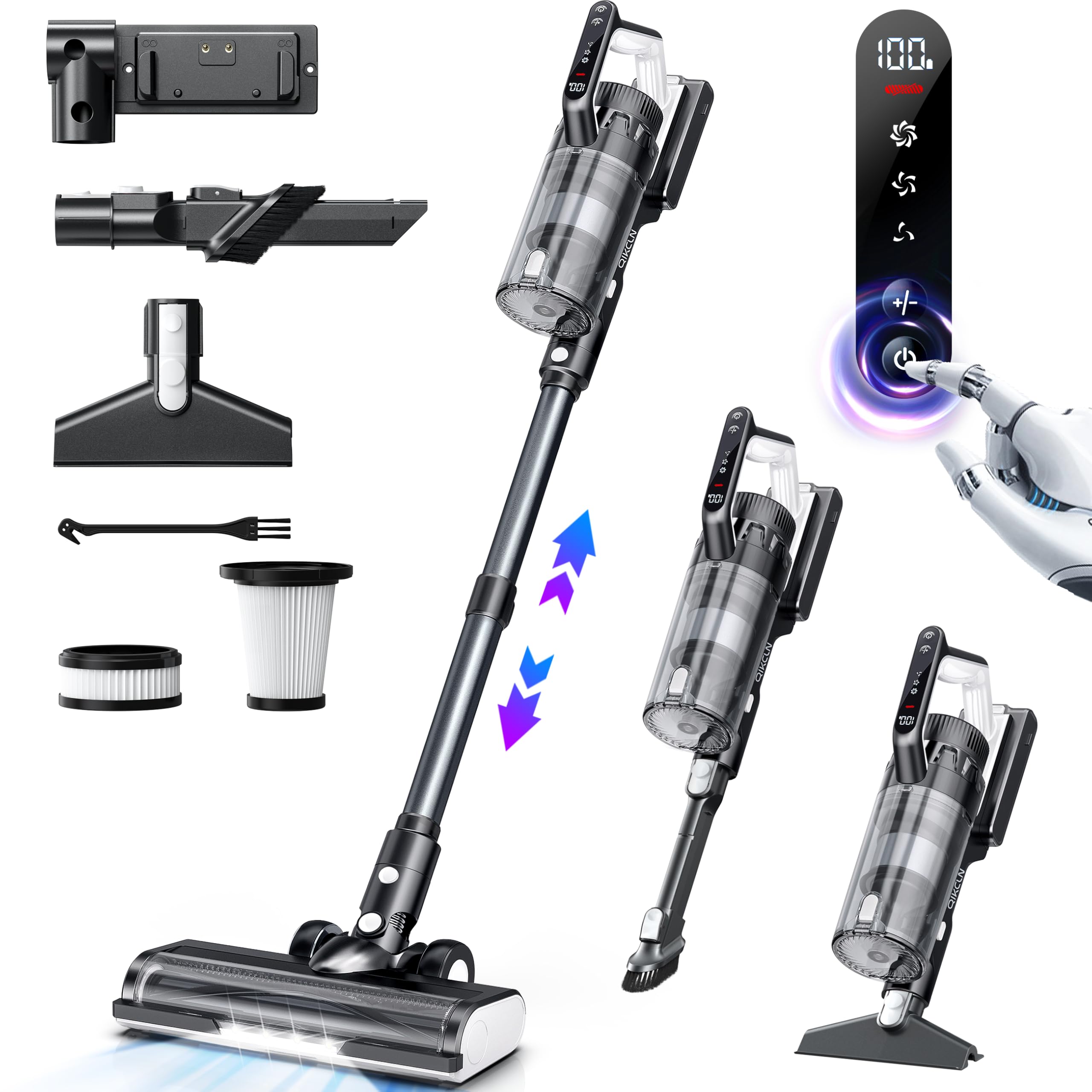 23000Pa Powerful Cordless Vacuum Cleaner Rechargeable - XL Dust Cup, LED Headlights, 45min Runtime, 3 Modes - Lightweight Stick Vac for Carpet, Hardwood Floors & Pet Hair (Black) | Perfect for Home Cleaning, Car Detailing & Pet Owners