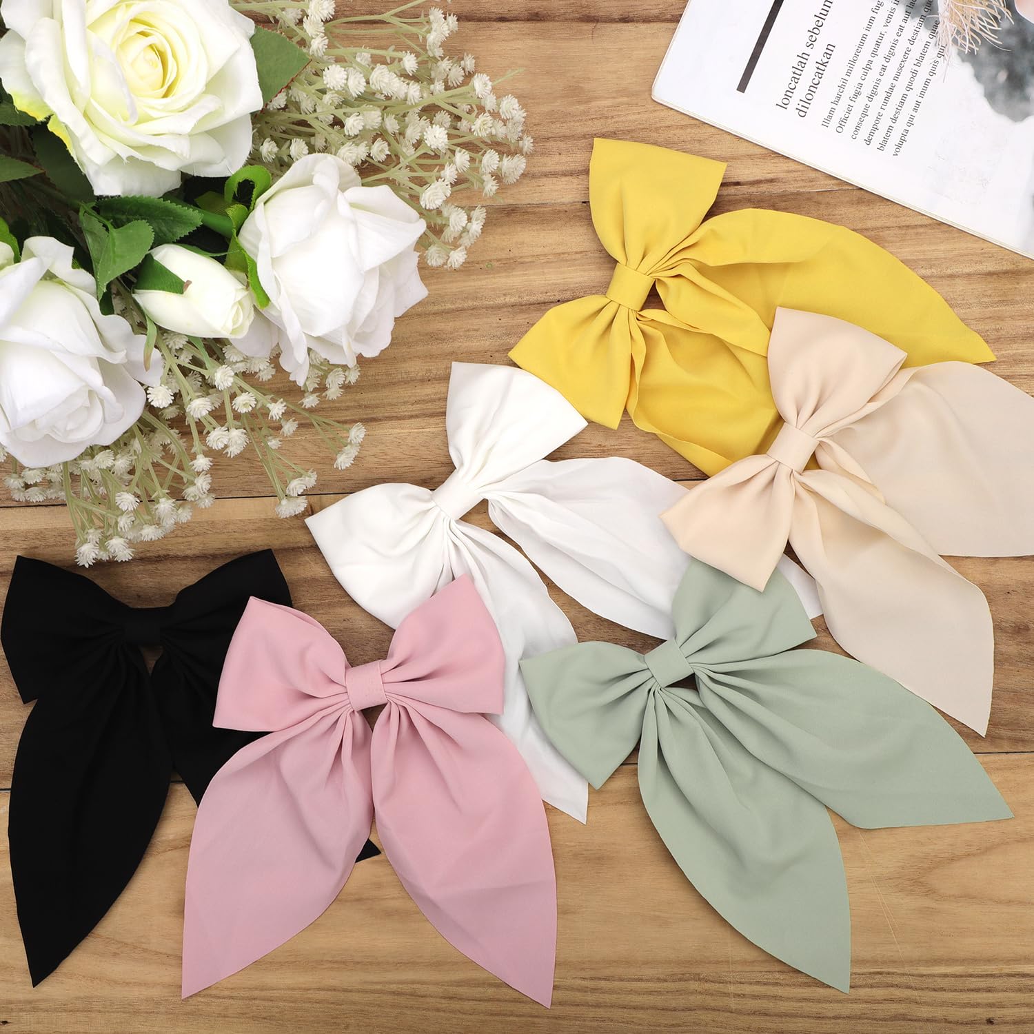 6pcs Silk Bow Hair Clips for Women & Girls - 5.12 Inch Soft Satin Bowknot Barrettes, Cute Duckbill Hair Clips with Colorful Metal Accents - Perfect for School, Parties, Weddings & Everyday Styling
